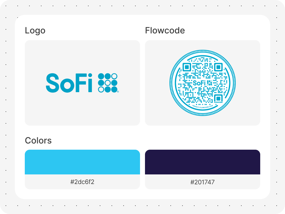 SoFi Brand Kit with logo, Flowcode design and colors.
