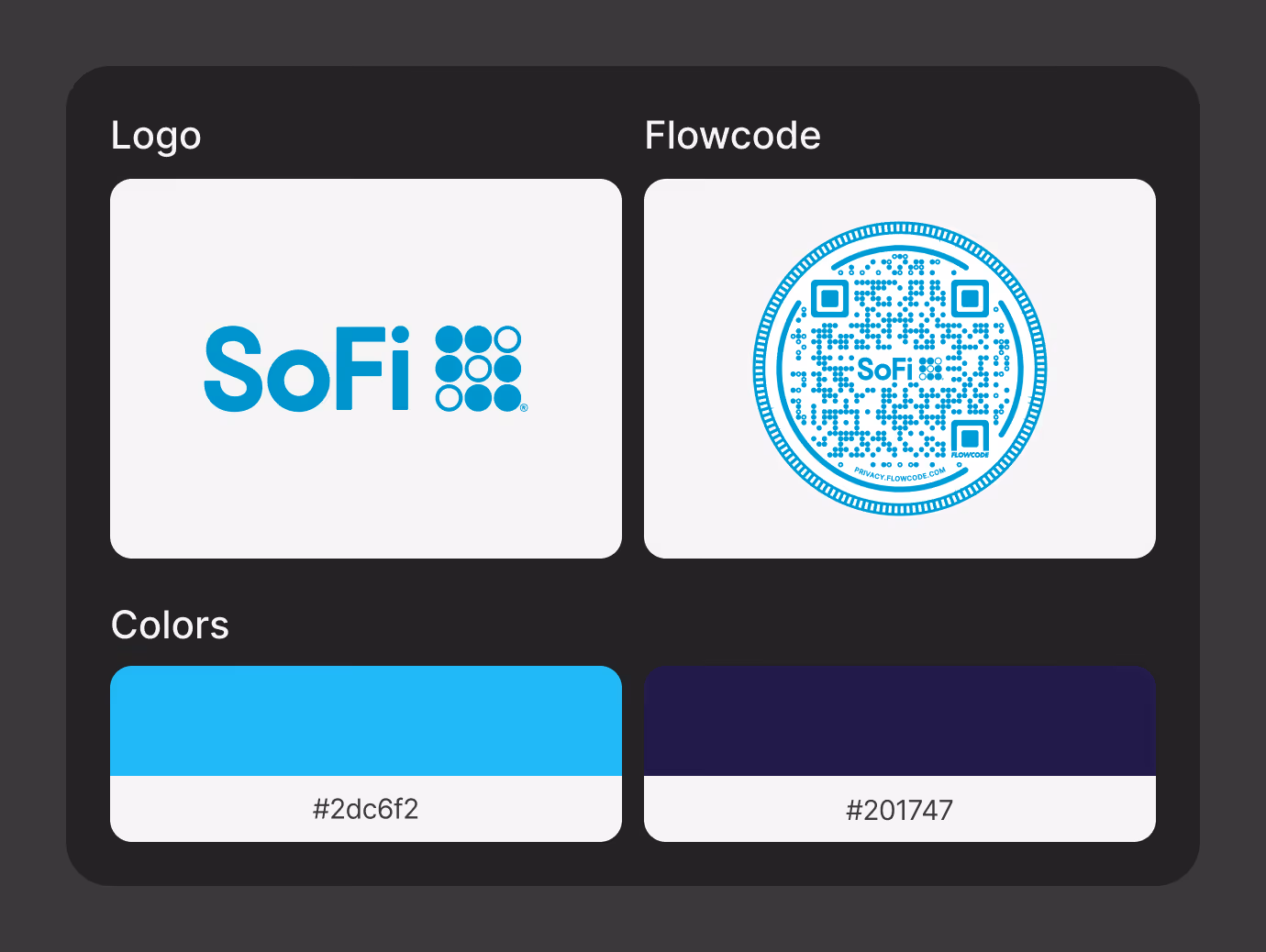 SoFi Brand Kit with logo, Flowcode design and colors.