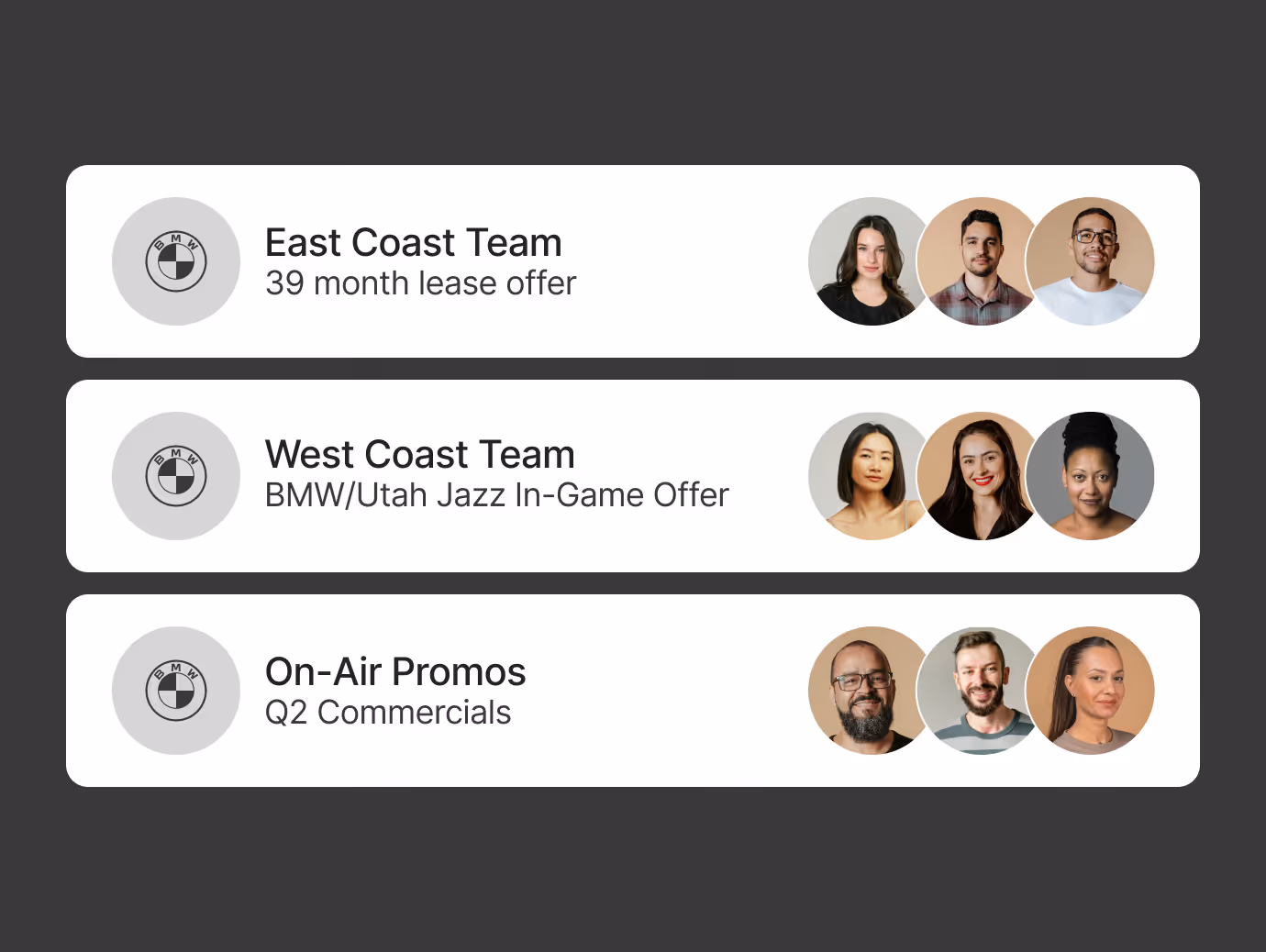 Three white panels listing East Coast, West Coast, and On-Air Promos teams with BMW logos and team member photos.