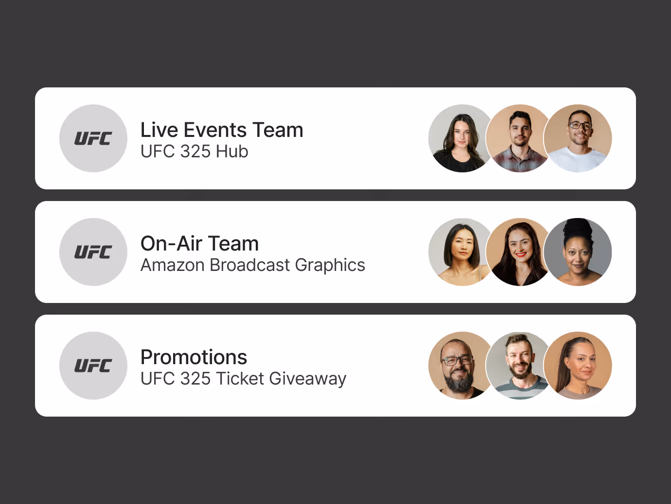 Three UFC team cards labeled Live Events Team, On-Air Team, and Promotions with circular portraits of team members.