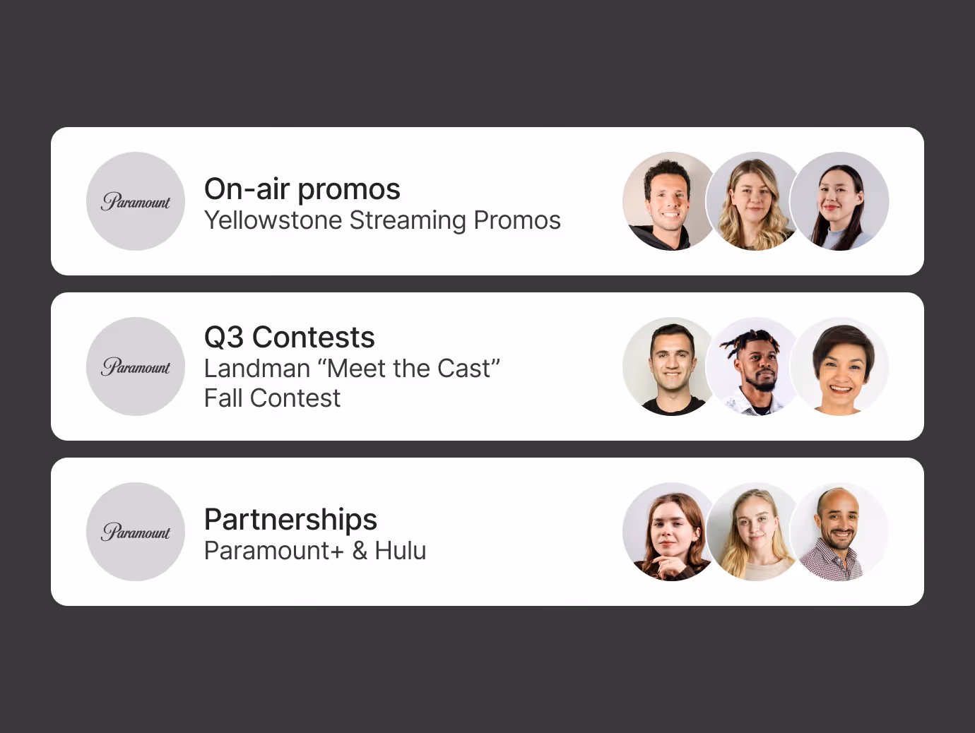 Three Paramount media project cards titled On-air promos, Q3 Contests, and Partnerships with associated team member photos.