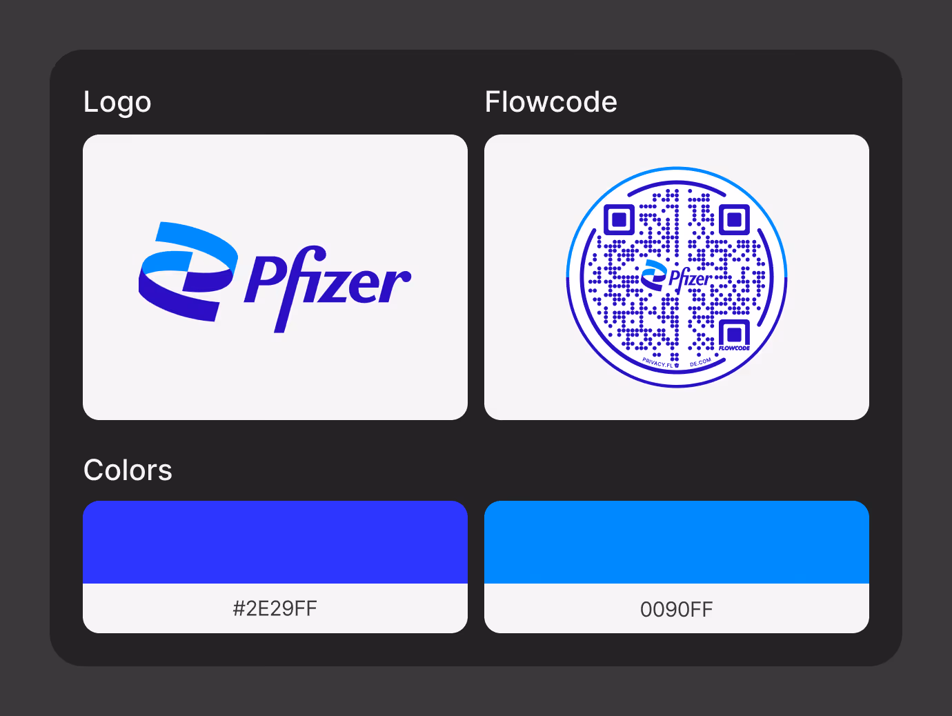 Pfizer Brand Kit with logo, Flowcode design and colors.