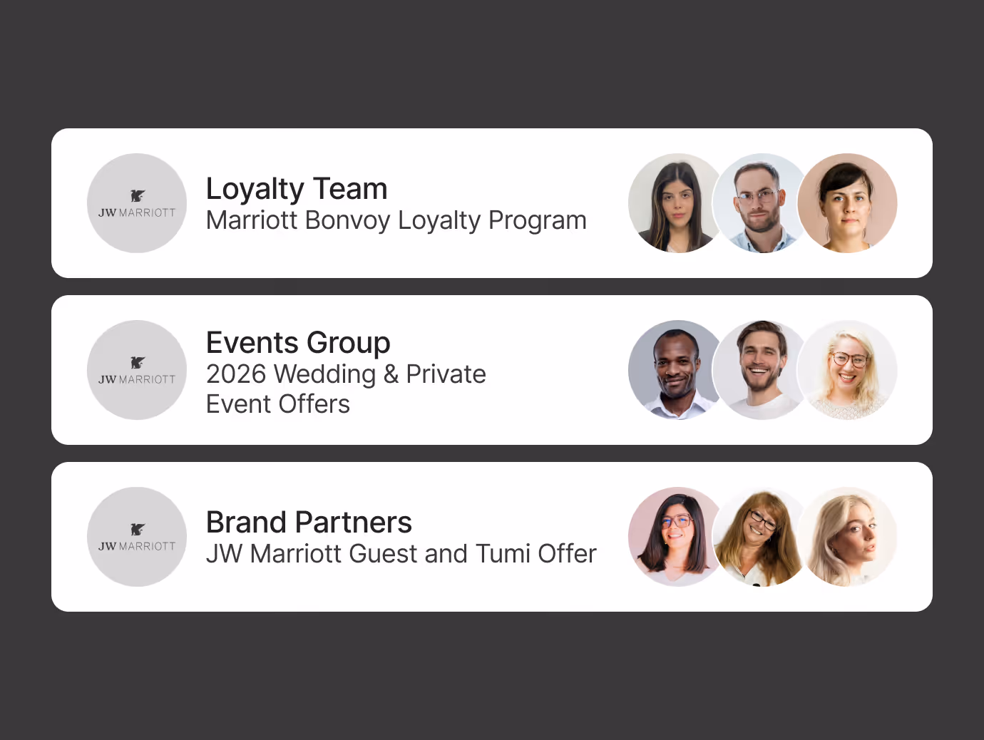 Three JW Marriott team cards for Loyalty Team, Events Group, and Brand Partners each with group member photos.