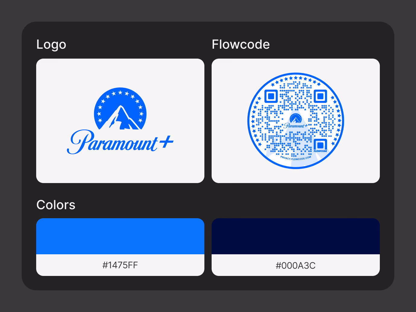 Paramount+ Brand Kit with logo, Flowcode design and colors.