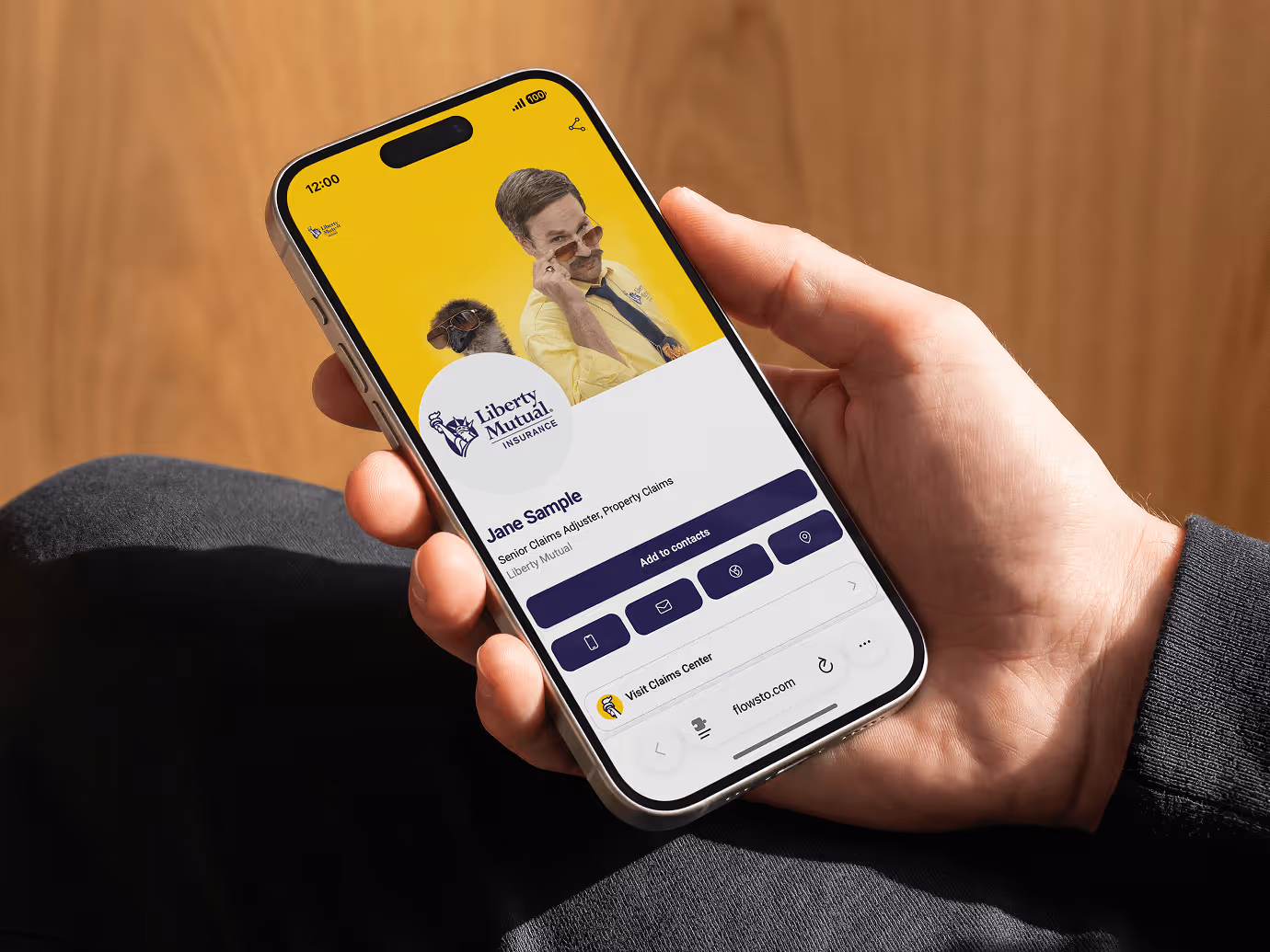 Smartphone screen showing a Liberty Mutual Insurance contact card for Jane Sample with photo and contact options.
