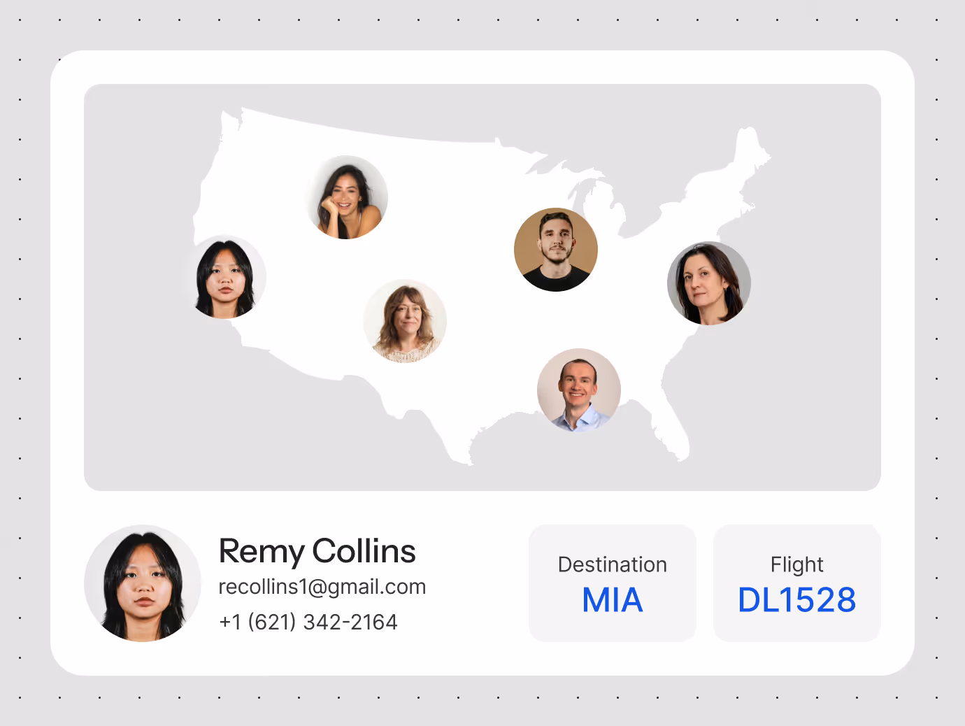 User profile card showing Remy Collins contact info, a US map with six people’s profiles, destination is MIA, and flight is DL1528.