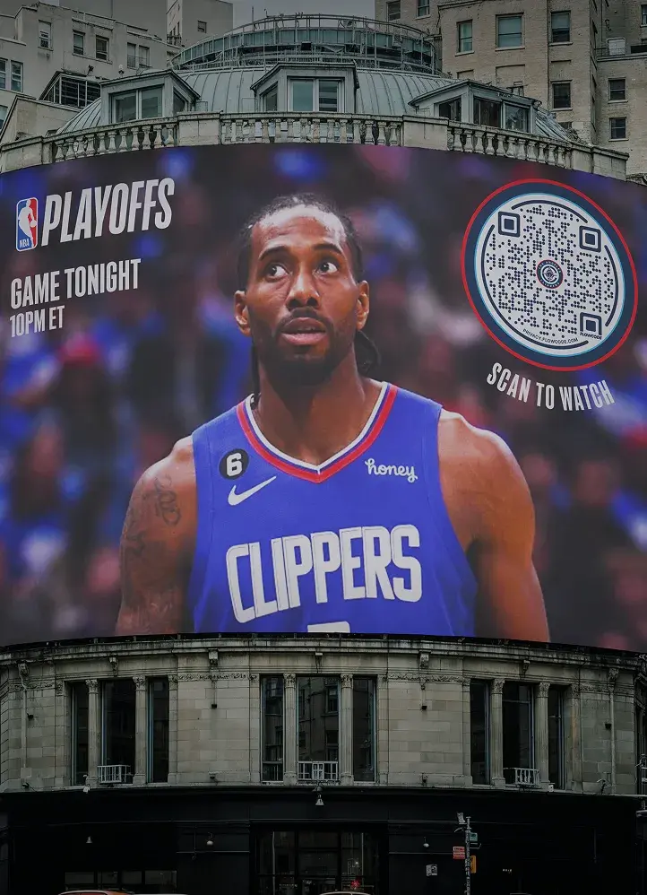 NBA playoffs advertisement featuring a Los Angeles Clippers player and a Flowcode to scan and watch the game tonight.