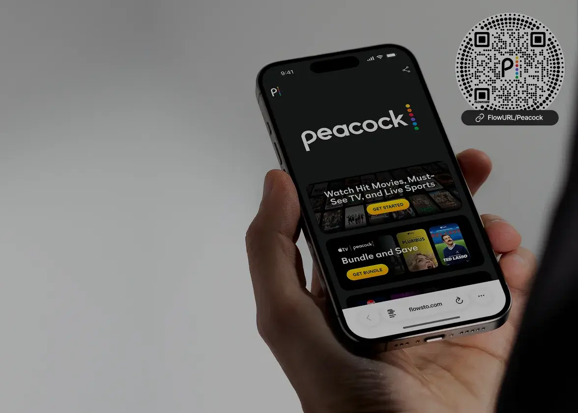 Hand holding a smartphone displaying Peacock FlowHub with options to watch movies and bundle offers.