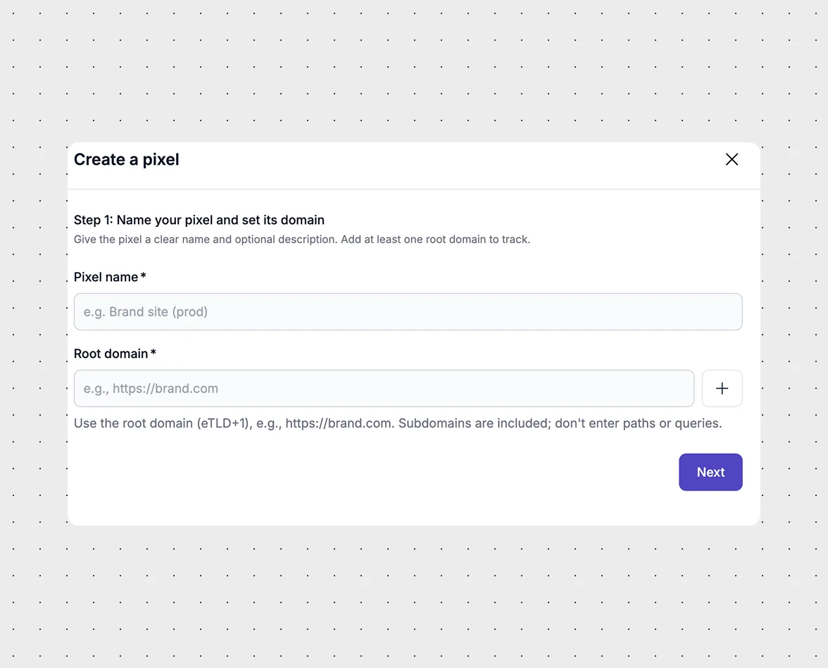 Flowcode platform pixel setup modal showing Step 1 to name a tracking pixel and add a root domain for website conversion tracking