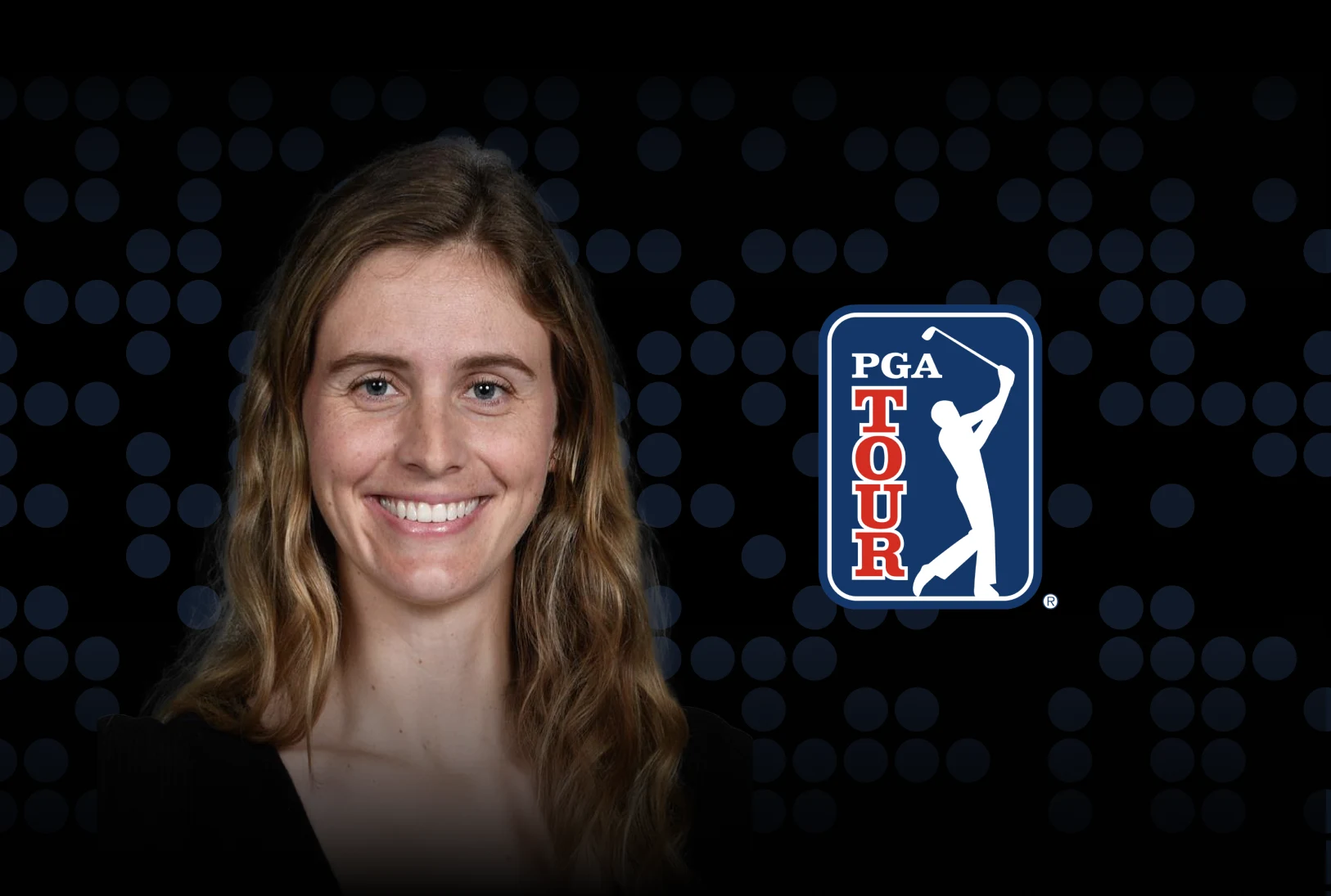 Johanna Keeline and PGA Tour Logo on a dark background with blue gradient dots. 