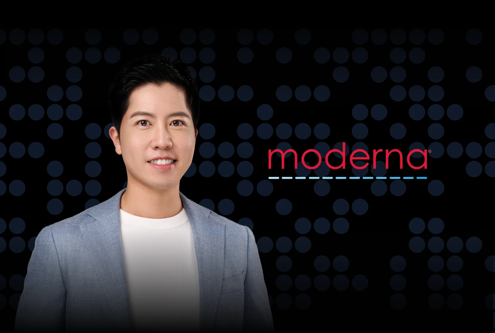 Alex Yen next to Moderna logo on a dark background with blue gradient dot design.