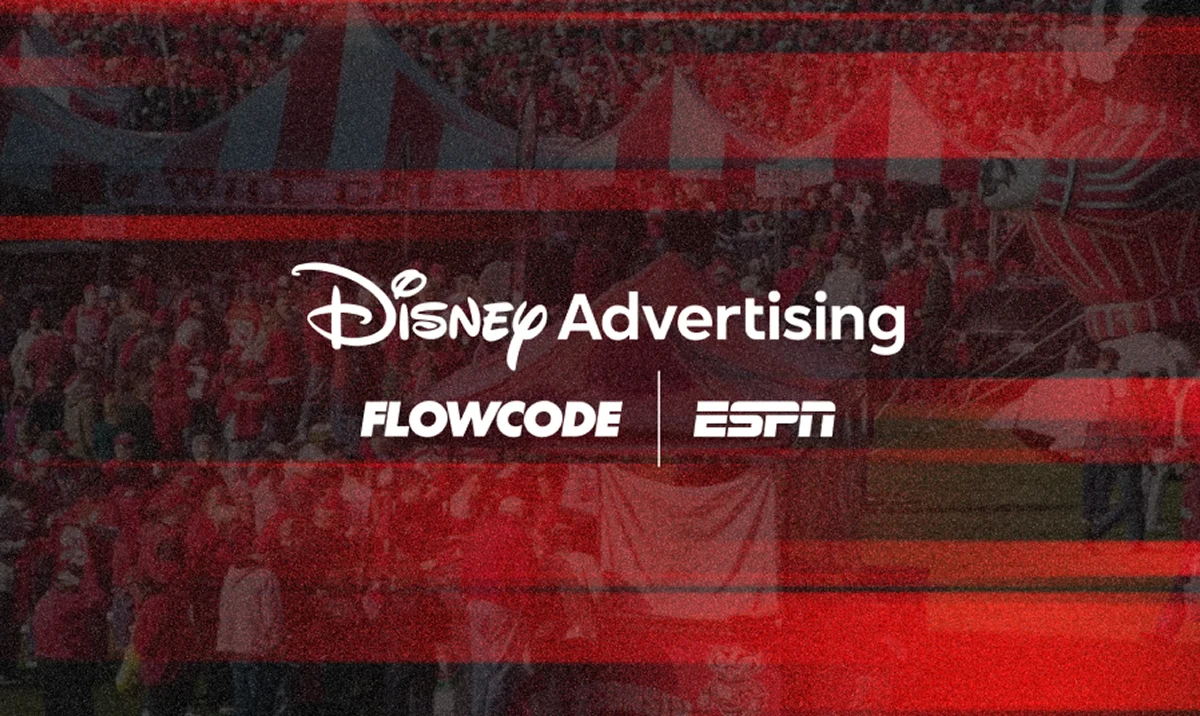 ESPN branded Flowcode alongside Disney Advertising, ESPN, and Flowcode Logos on a dark background.