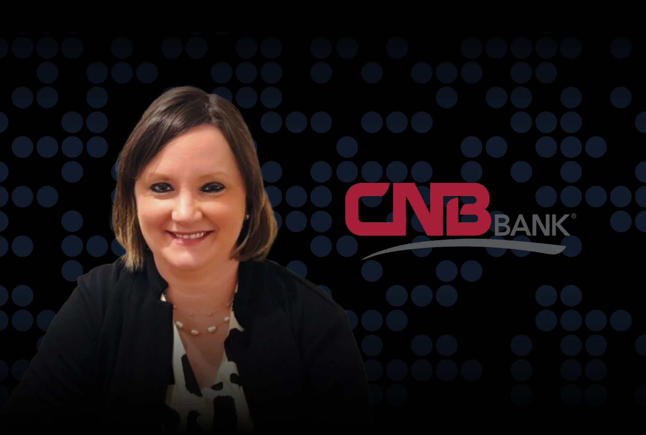 Monica Mazur next to the CNB Bank logo on a dark background with blue gradient dot design