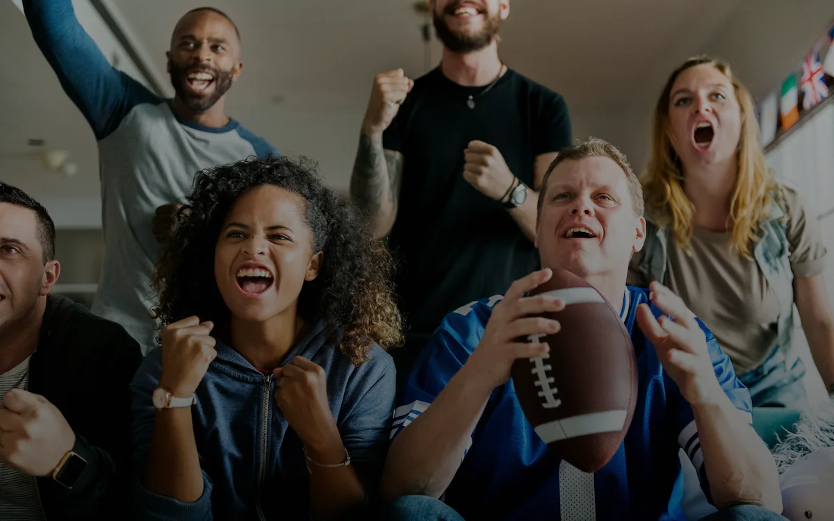 Fans watching an NFL game and celebrating.