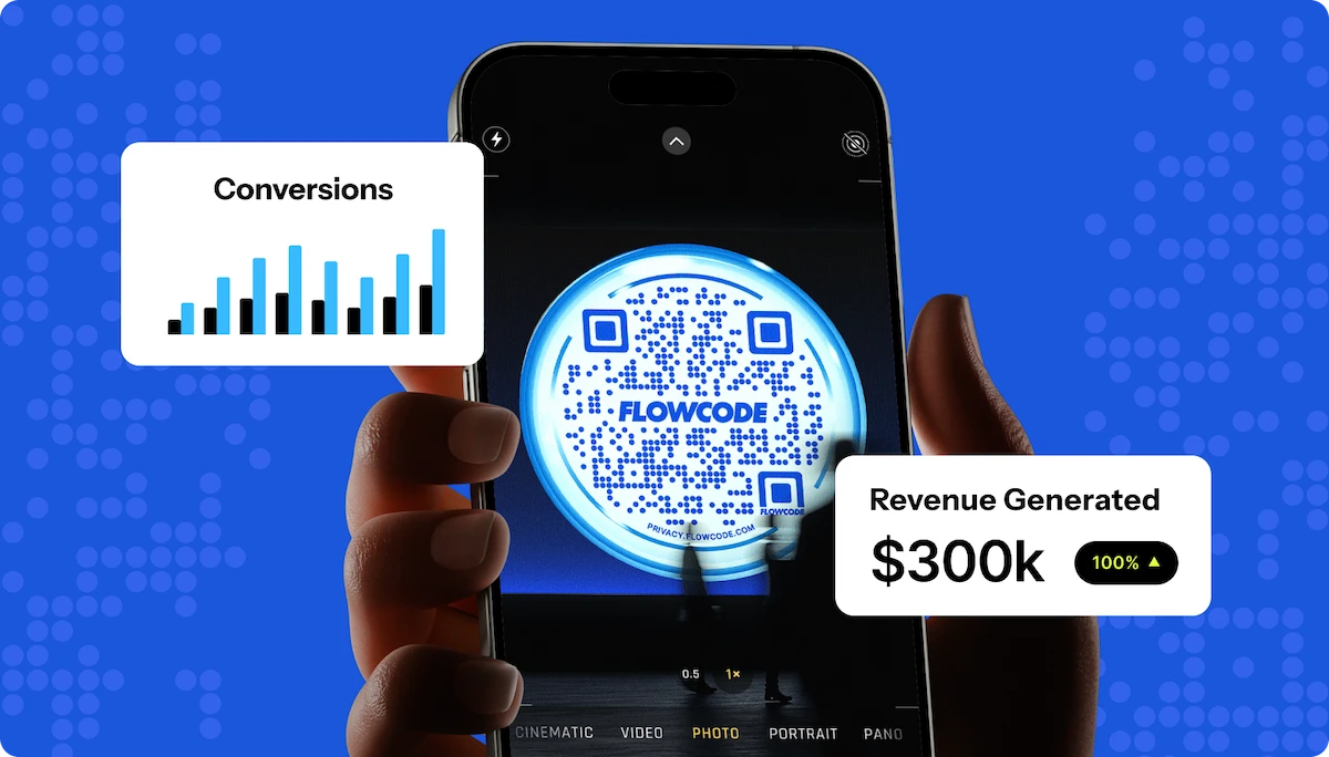 Enterprise Flowcode QR code on a phone with a blue backround shwing conversions and revenue generate