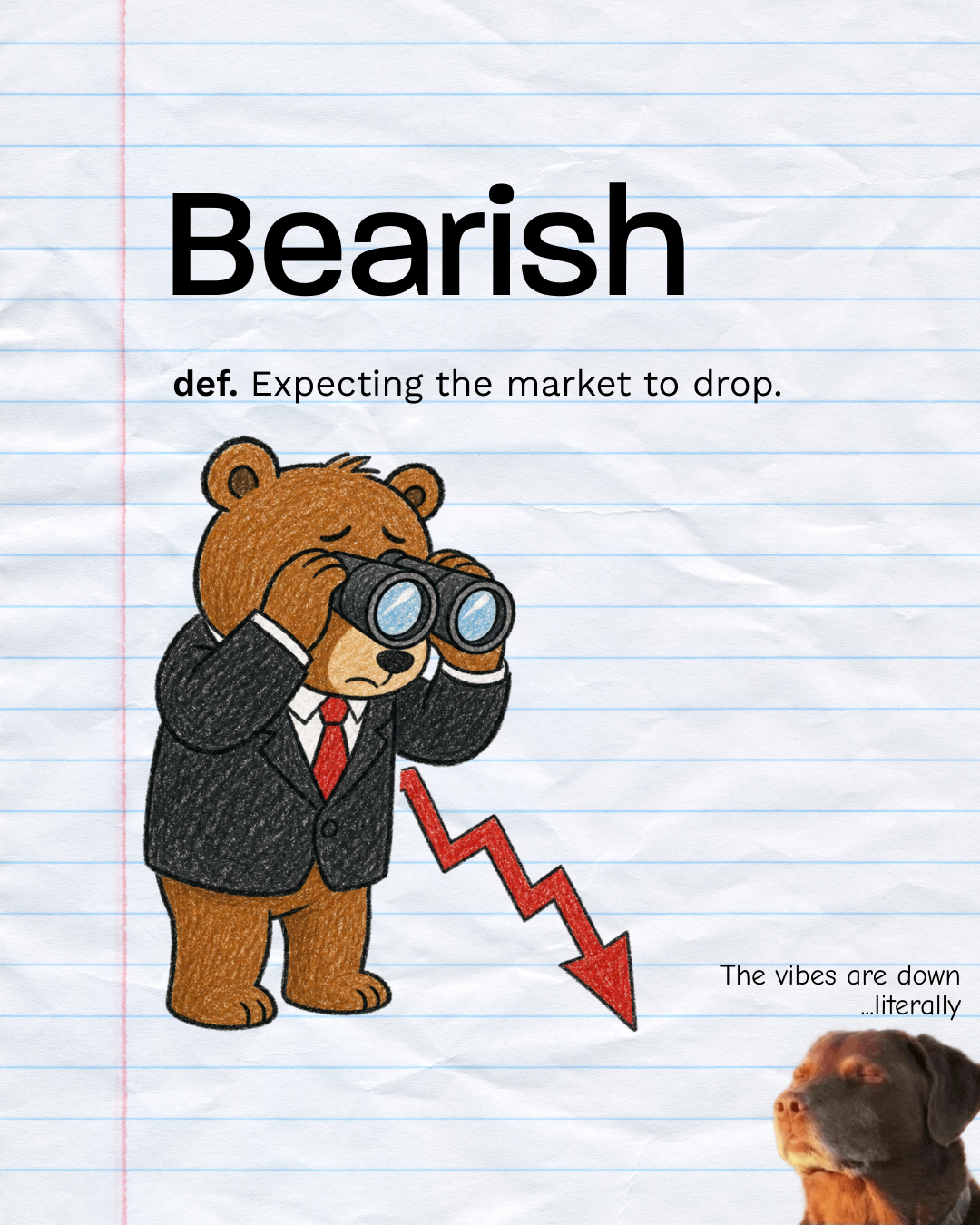 Illustration of a bear in a suit looking through binoculars under the heading "Bearish" with a downward-trending arrow.