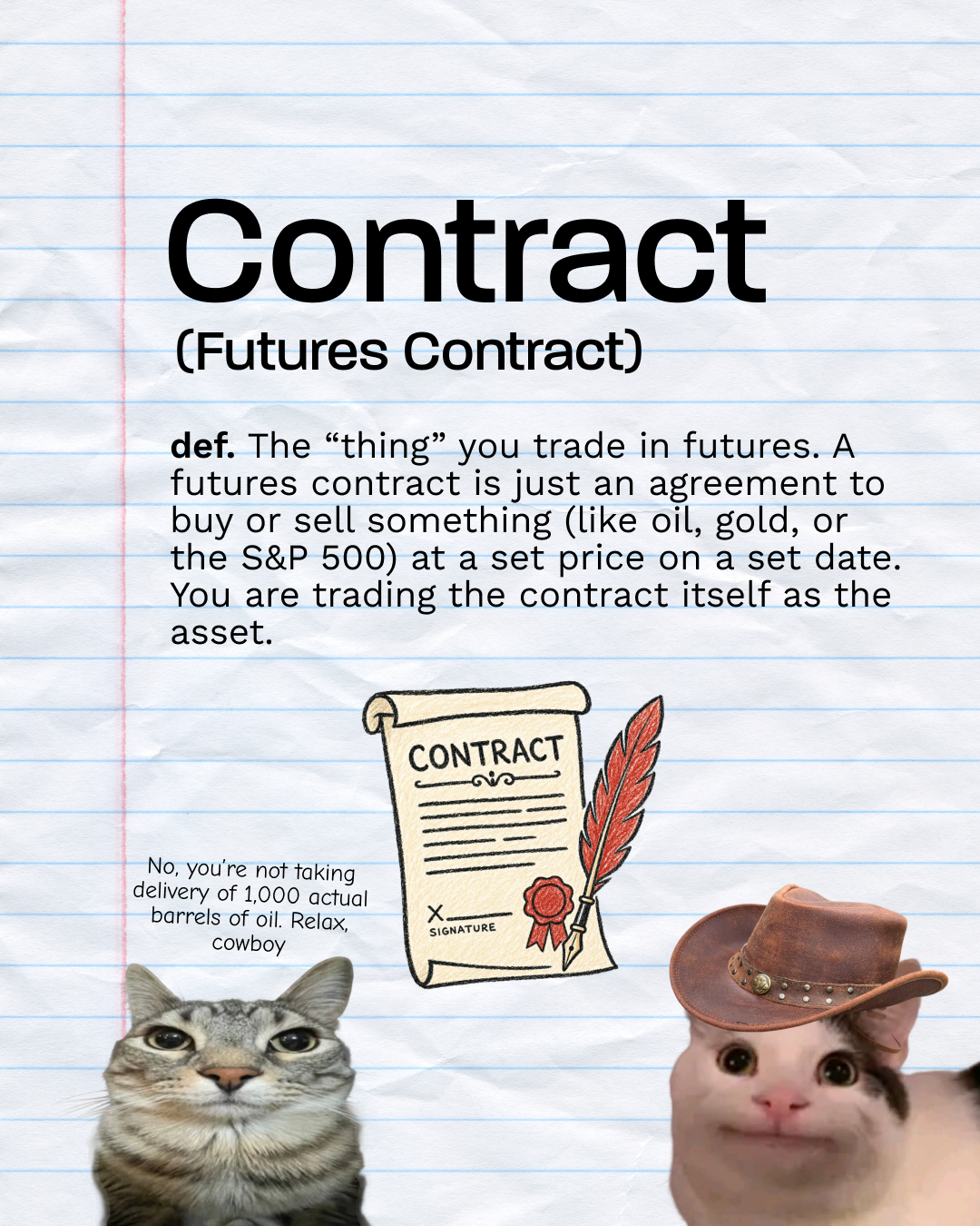 Illustration with a contract scroll shown alongside humorous cats, with text explaining that a futures contract is an agreement to buy or sell something at a set price on a set date.