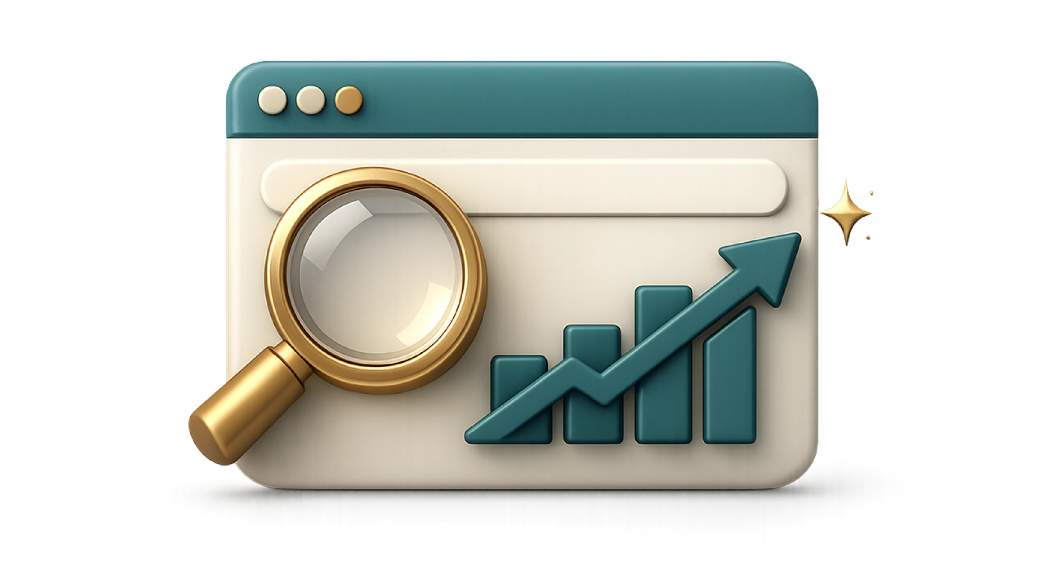 Browser window with magnifying glass and upward trending bar graph with arrow and sparkle.
