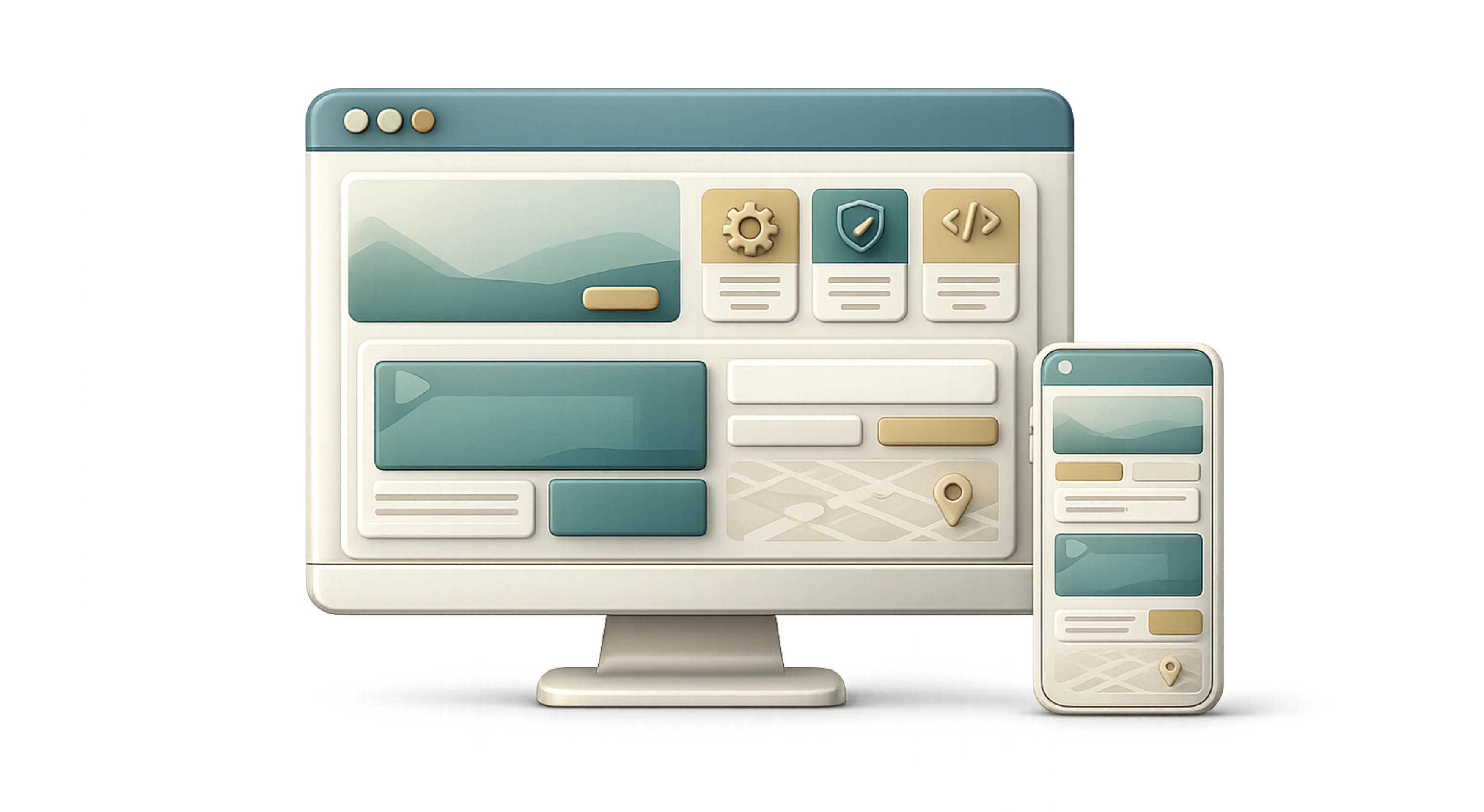 Illustration of a website layout displayed on a desktop monitor and smartphone representing responsive design.