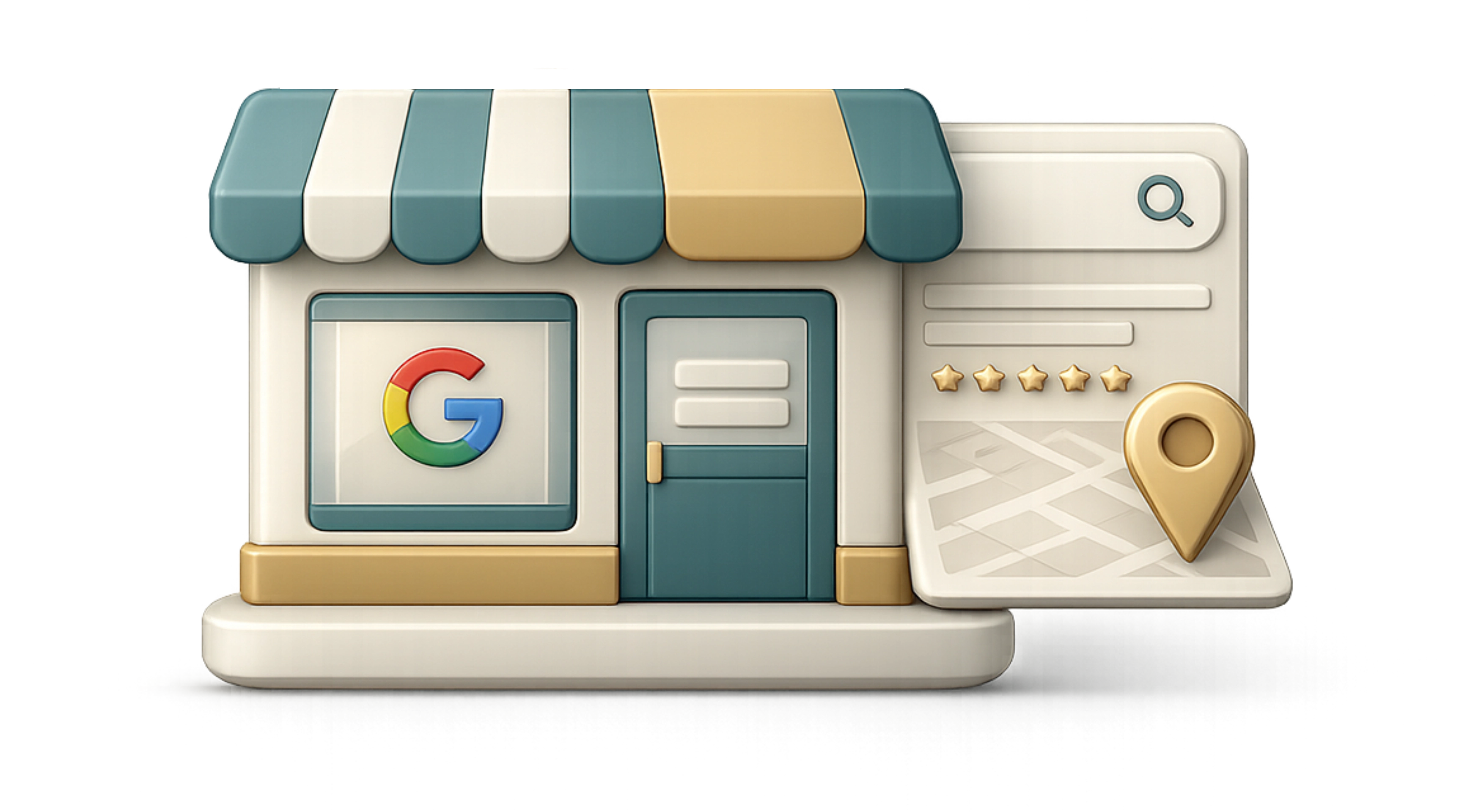 Cartoon storefront with Google logo, a map with location pin, and five gold stars rating.