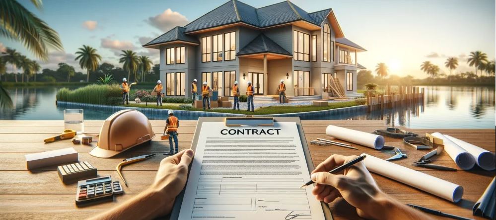 new construction condo purchase process timeline, buyer reviewing condo pricing and contract Florida, luxury condo model and floor plan presentation
