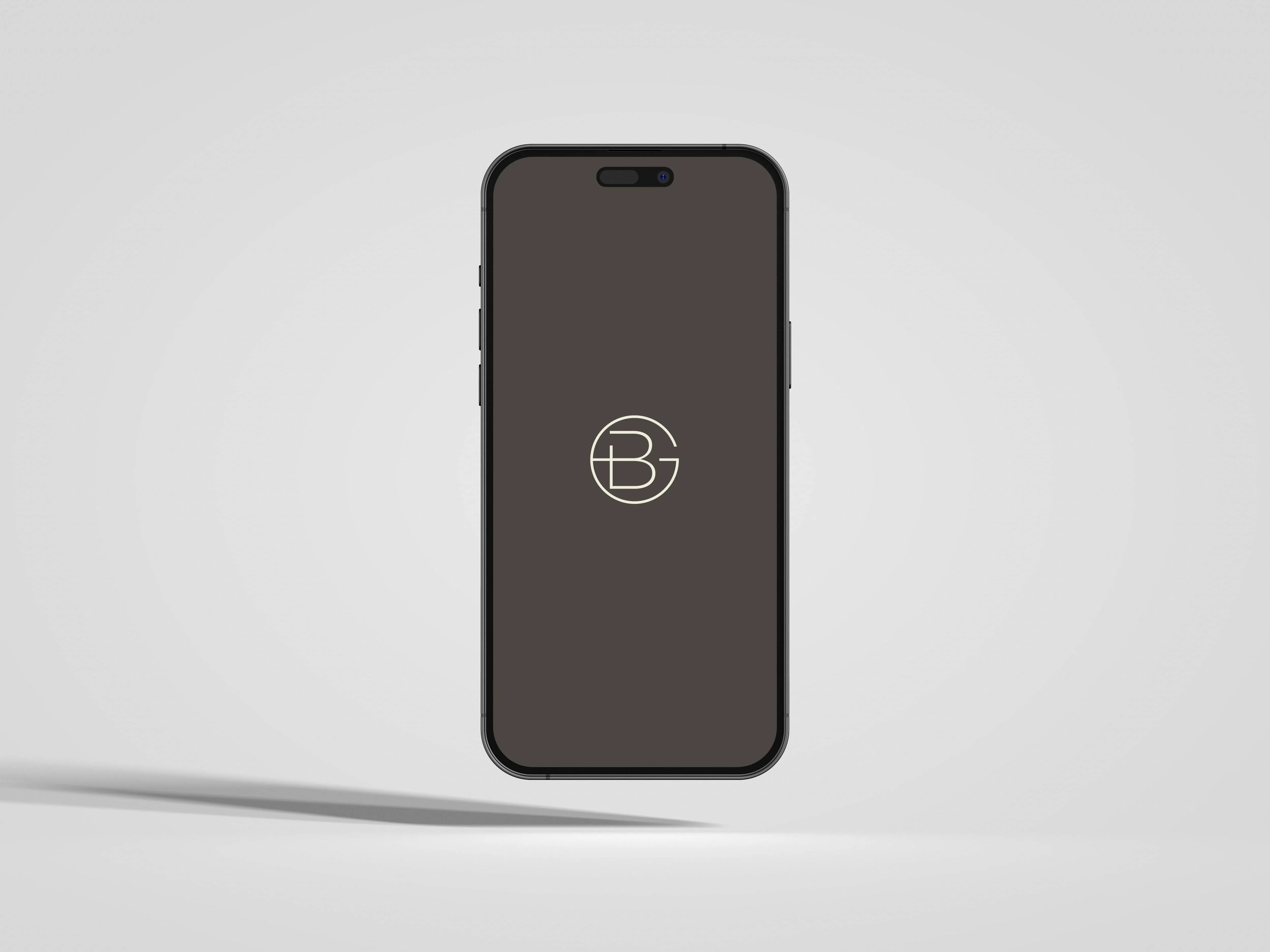 Smartphone floating in gray space showing a black screen with a white circular BG logo in the center.