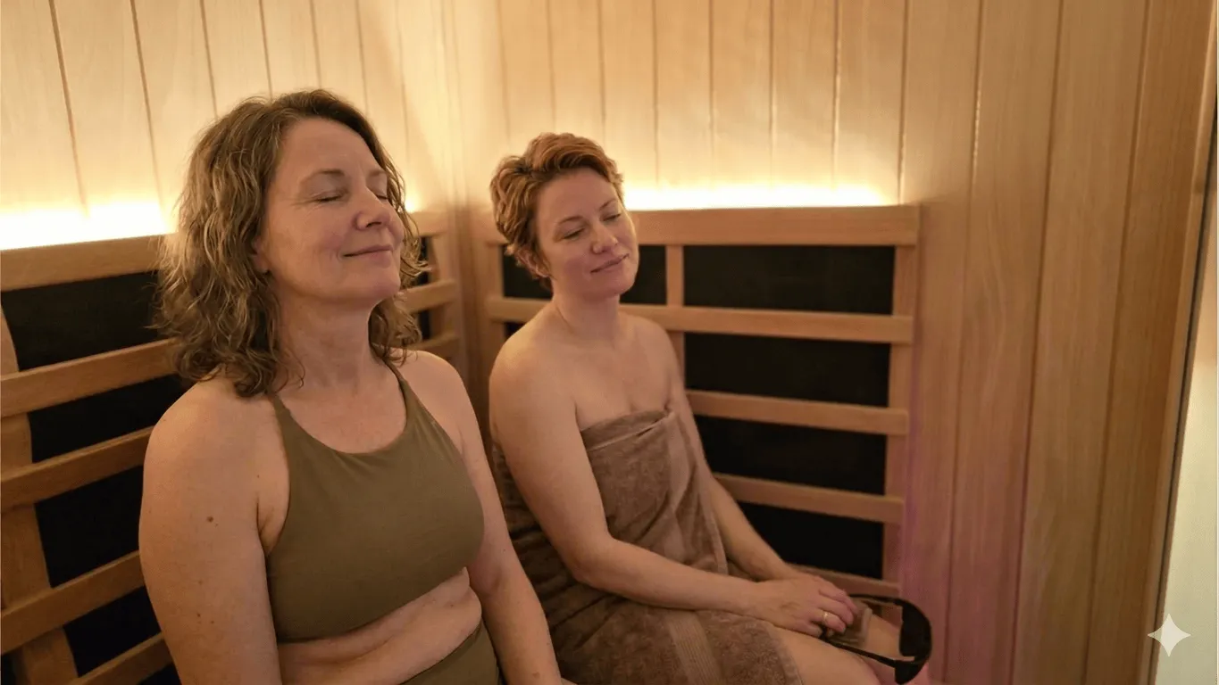 Two women with eyes closed relaxing inside a infrared sauna room, one in a towel, one in a top.
