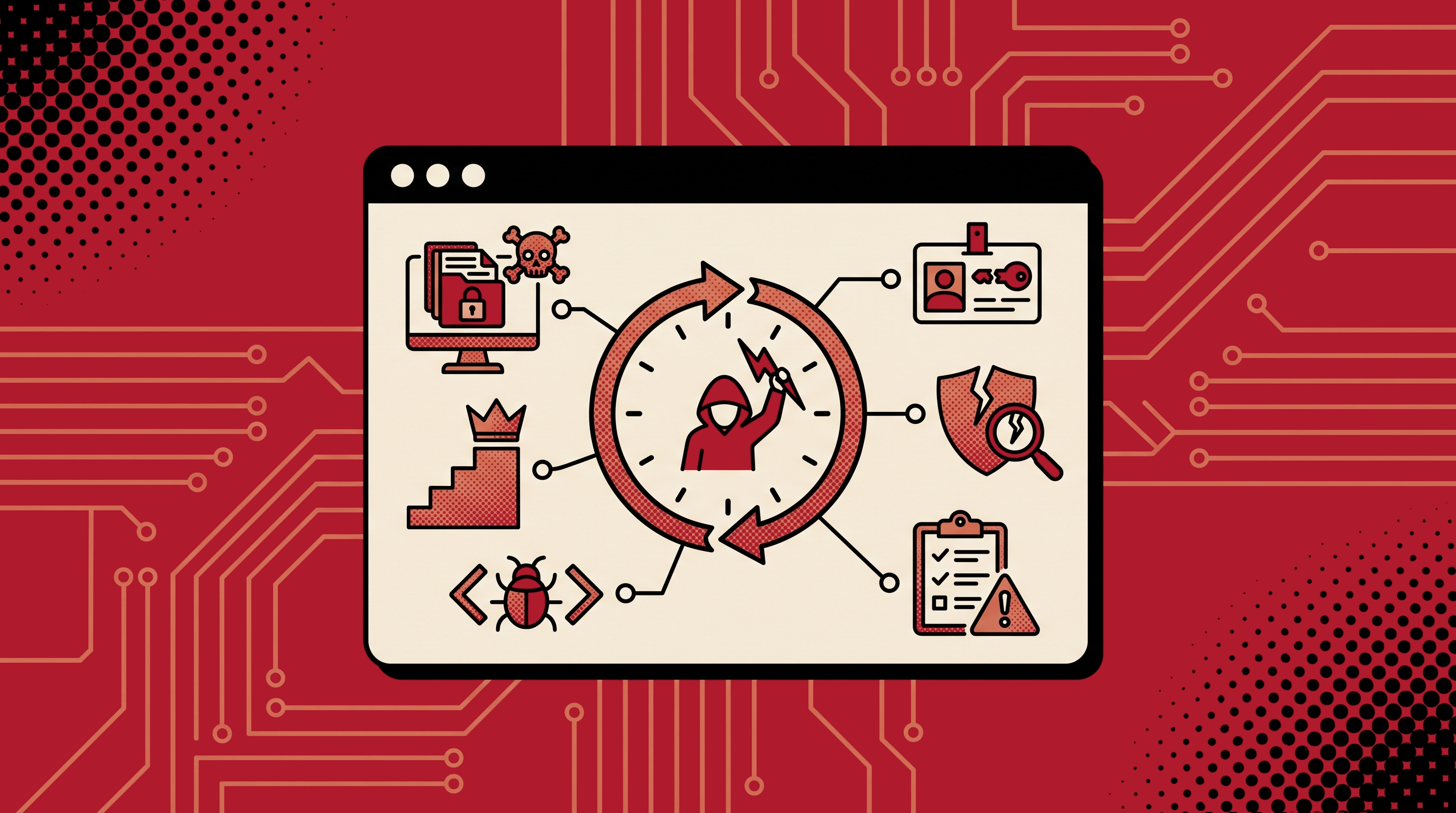 An illustration representing Tinycrows Attack Simulation and Red Teaming services, featuring a hacker icon within a clock cycle surrounded by various security threat symbols.