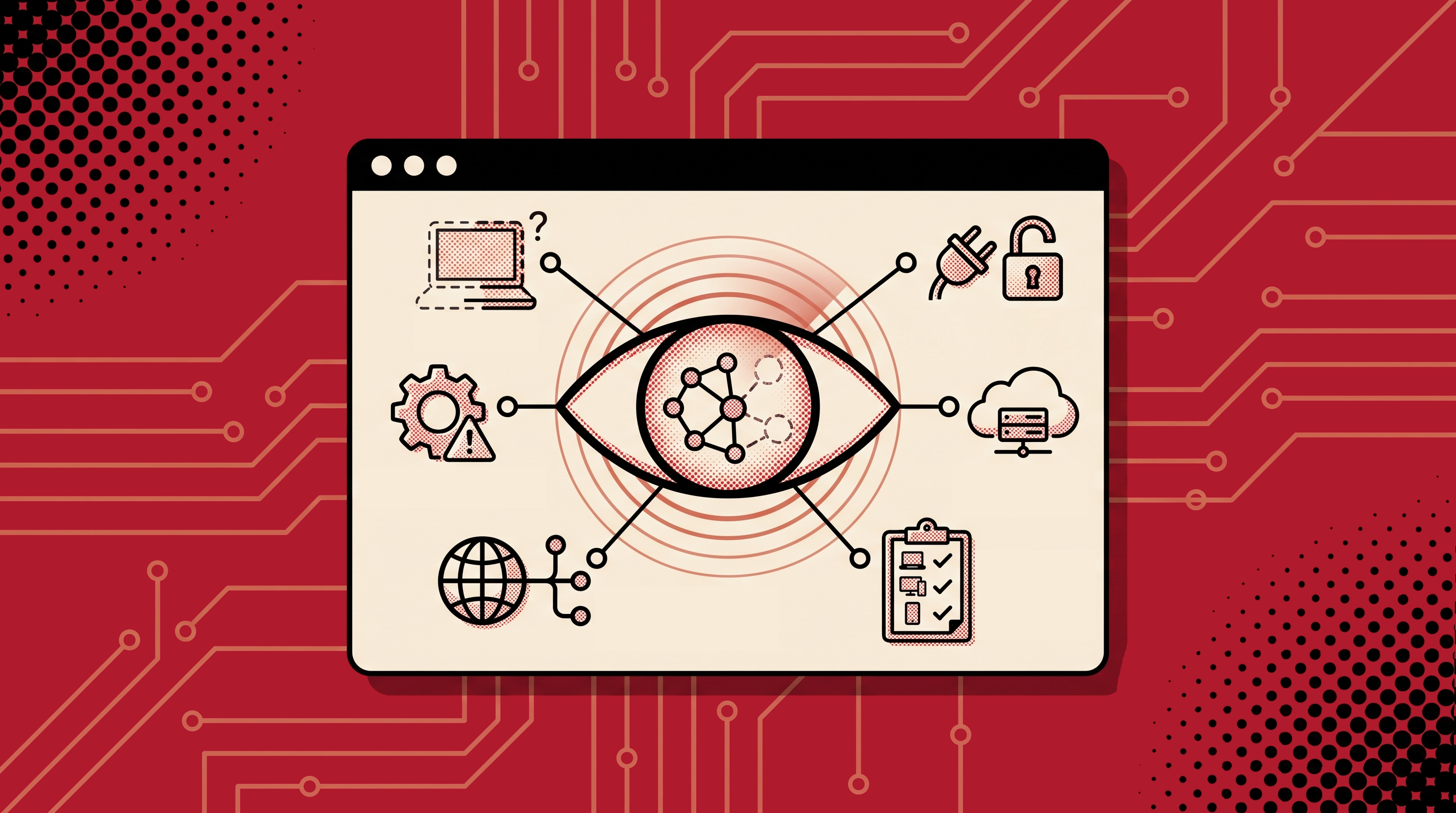 A graphic depicting Tinycrows Attack Surface Visibility and Asset Discovery services, showing a central eye icon connected to network nodes and digital assets.