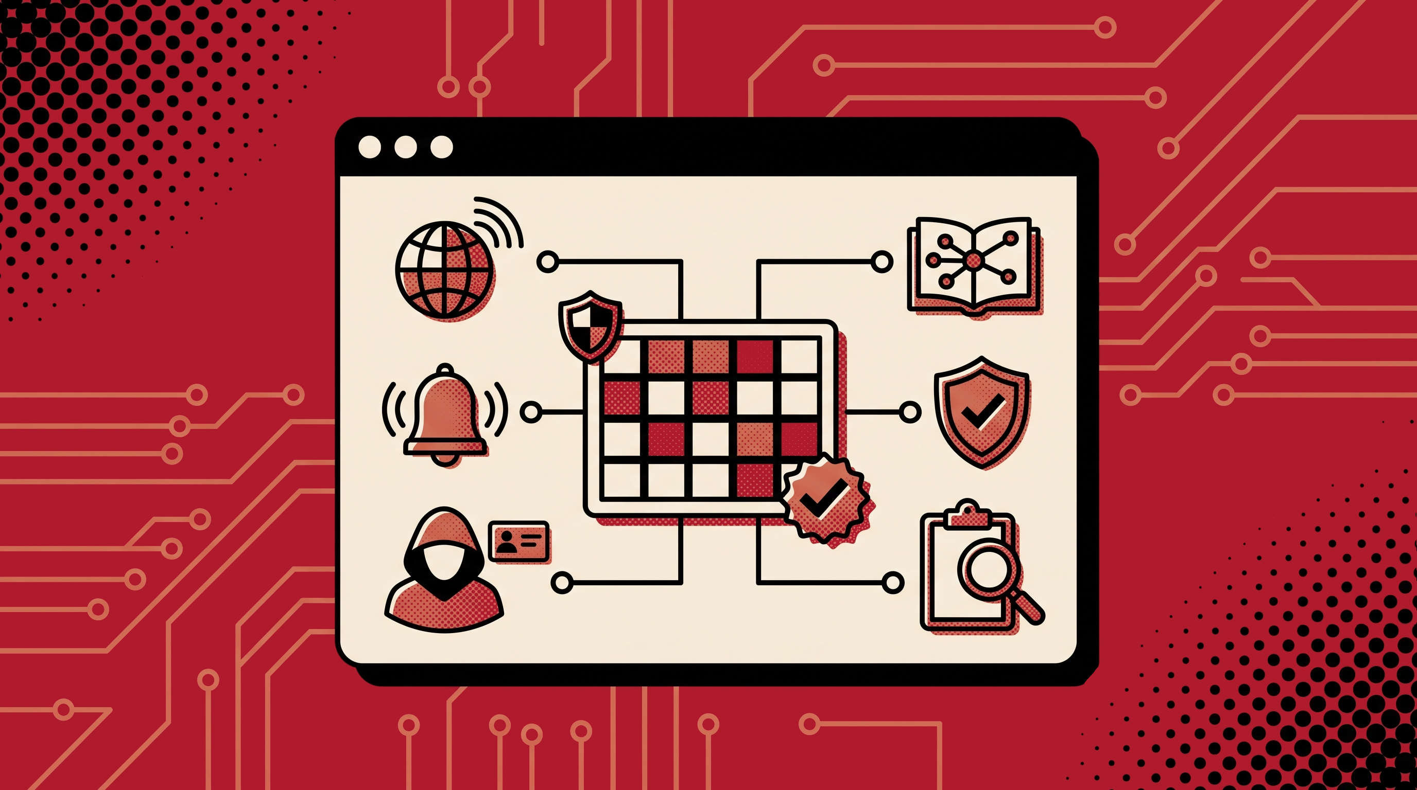 An illustration representing Tinycrows Threat Intelligence, MITRE Mapping, and Control Validation services, featuring a central matrix grid surrounded by various digital security icons.