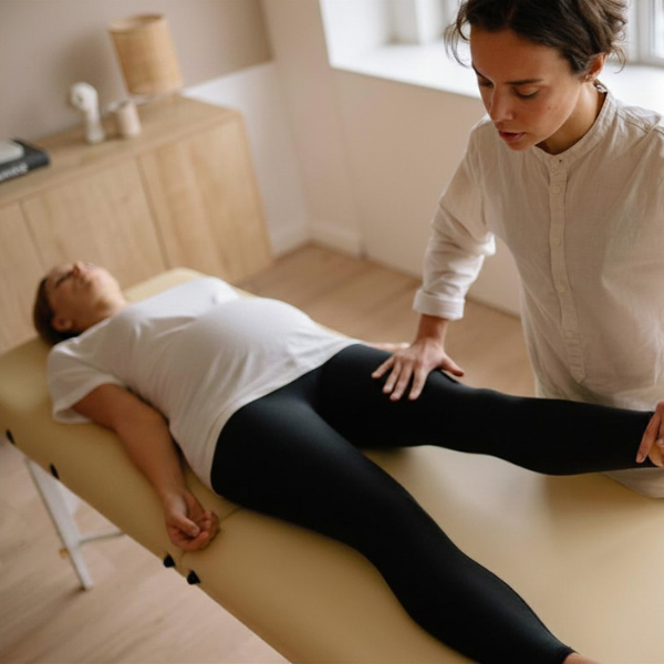 Pregnant woman lying on an adjusting table receiving leg and hip therapy.