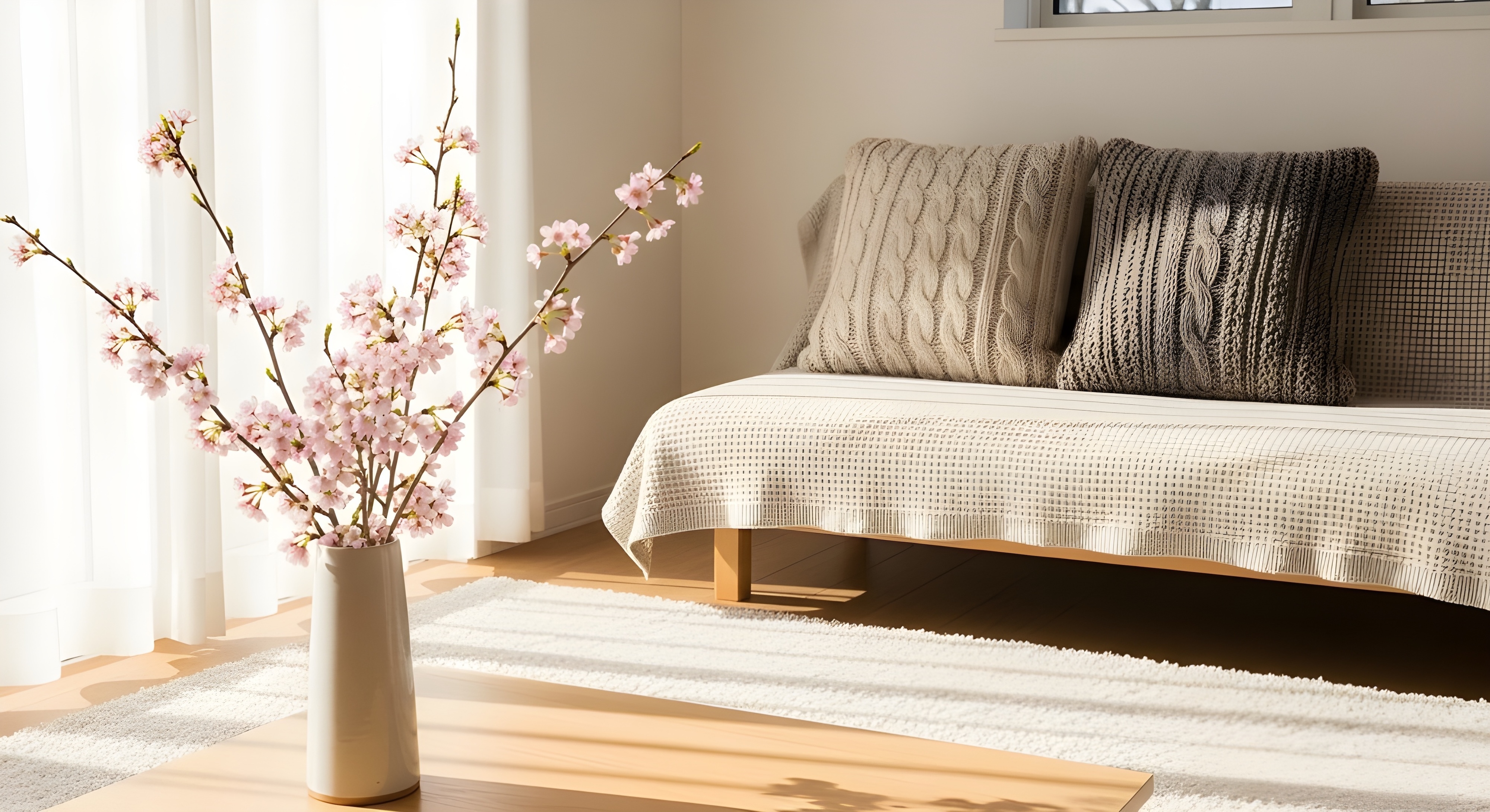 Living couch and table with flower