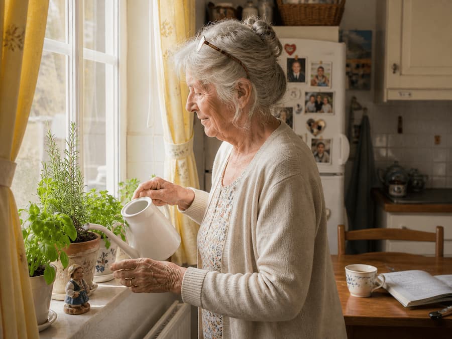 Ältere Frau gießt Kräuter am Küchenfenster
