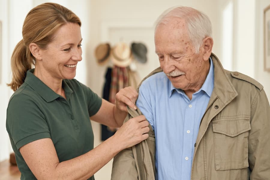 Pflegerin hilft einem älteren Mann beim Anziehen der Jacke