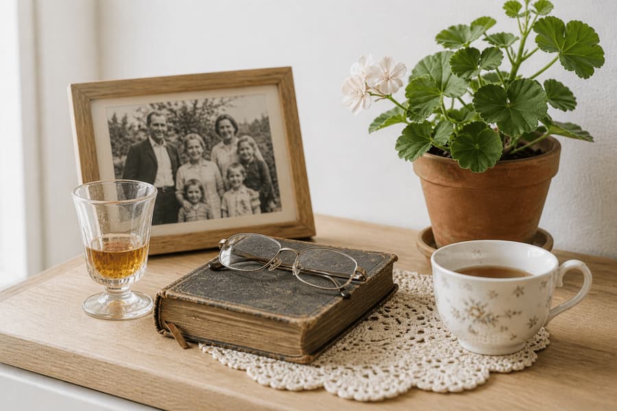Gerahmtes Familienfoto neben Zimmerpflanze und Teetasse auf einer Kommode