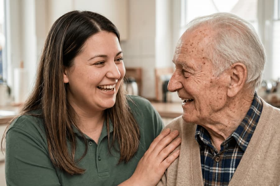 Pflegerin und älterer Mann lachen gemeinsam
