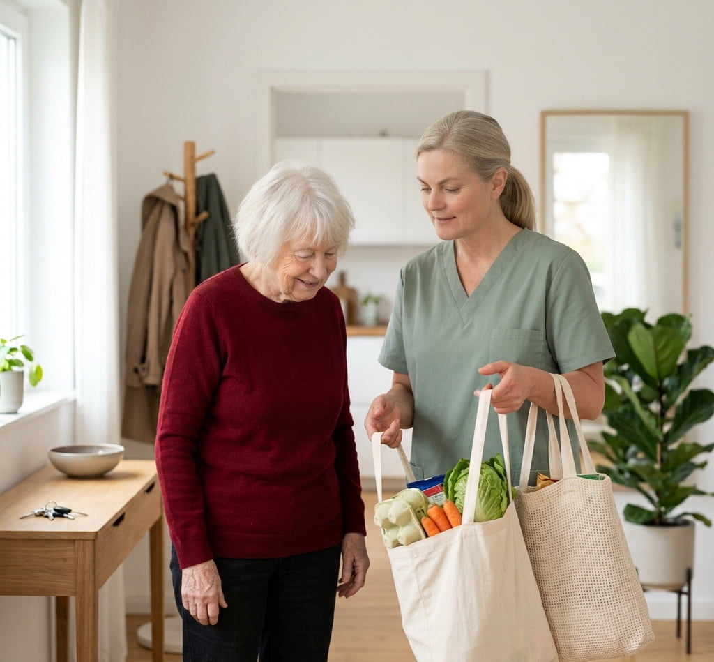 Mitarbeiterin des Beueler Pflegeteams bringt einer Seniorin die Einkäufe nach Hause