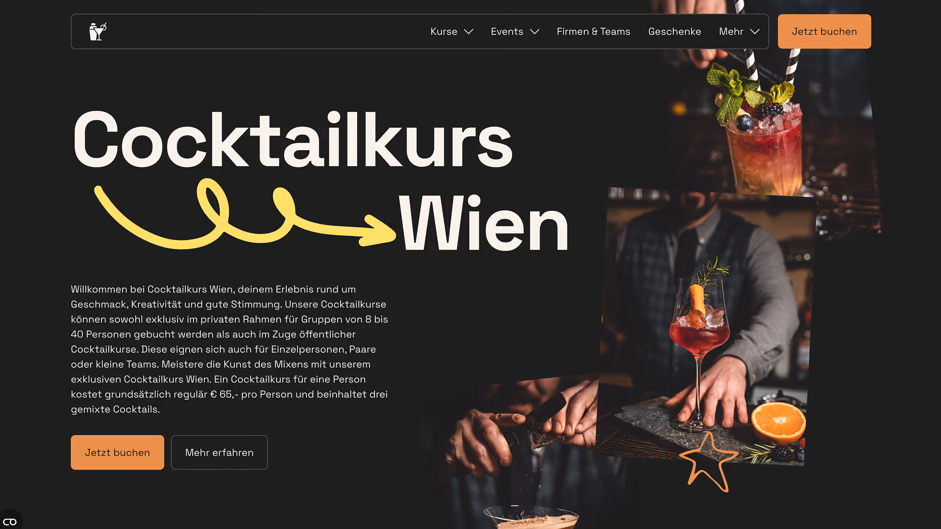 Website für einen Cocktailkurs in Wien: stilvolle dunkle Szene mit Barkeeper, Cocktails und Zutaten, gelben Pfeilen und Buchungsbutton.
