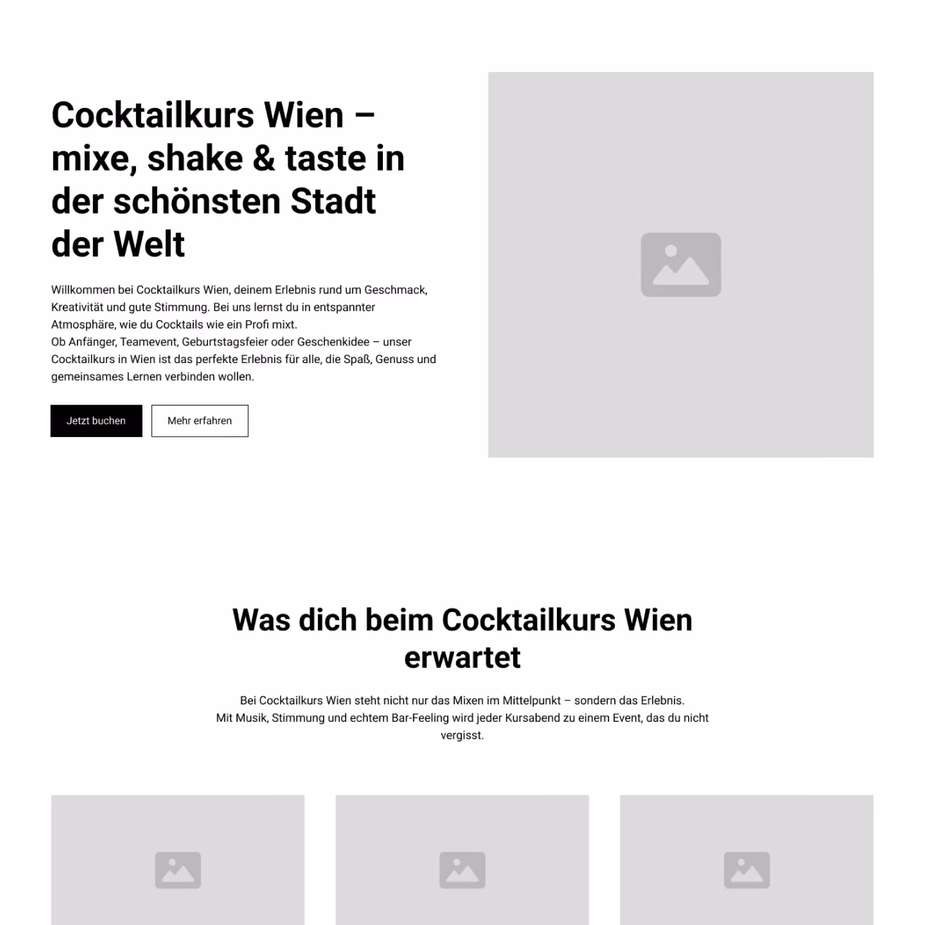 Deutschsprachige Webseite für einen einladenden Cocktailkurs in Wien mit Überschrift, Beschreibung, Buchungsbuttons und Platzhaltern für Kursbilder.