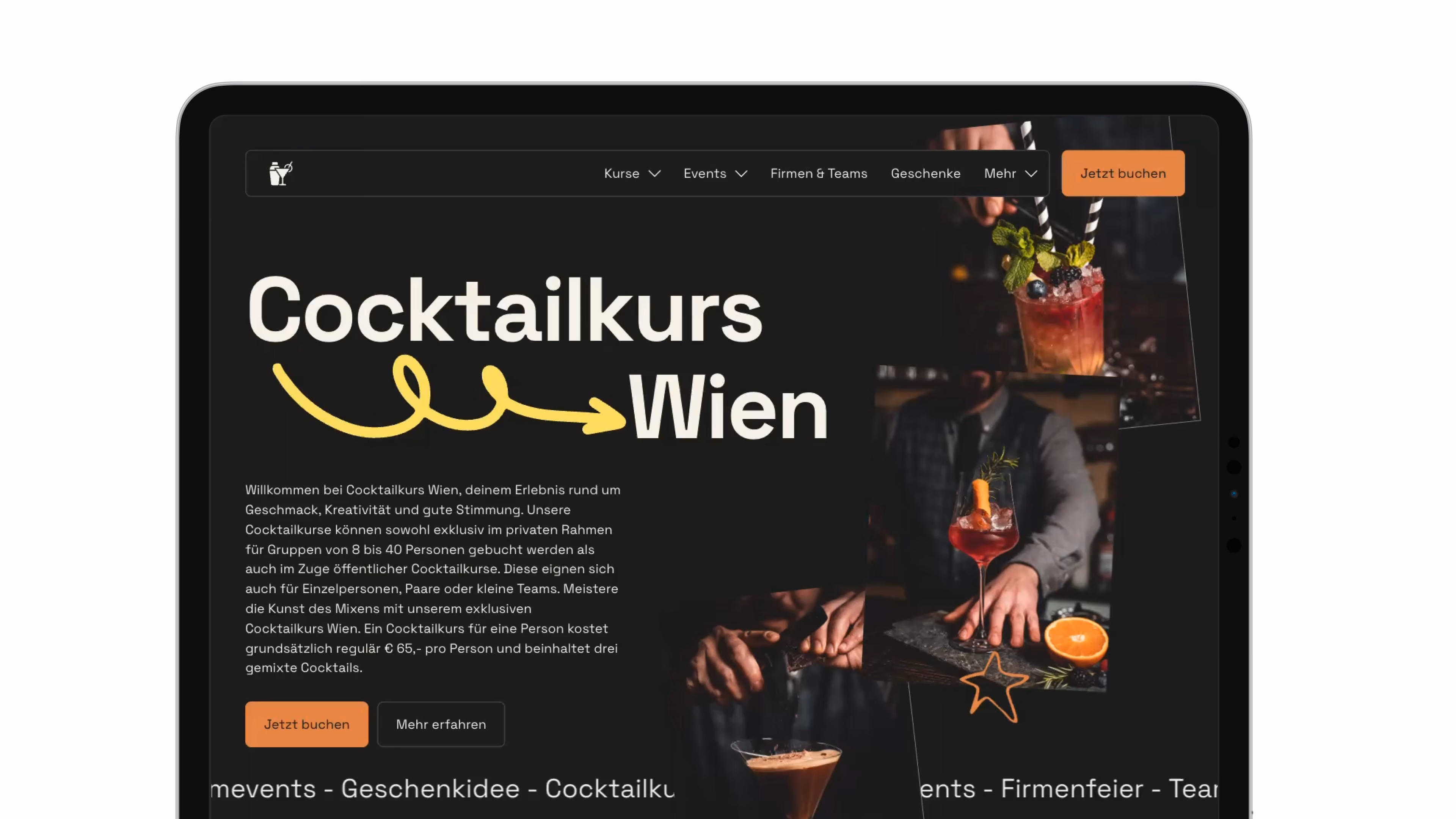 Screenshot einer dunklen Website für einen Cocktailkurs in Wien, mit gelber Pfeilgrafik, Cocktailfotos und Informationen zur Anmeldung.