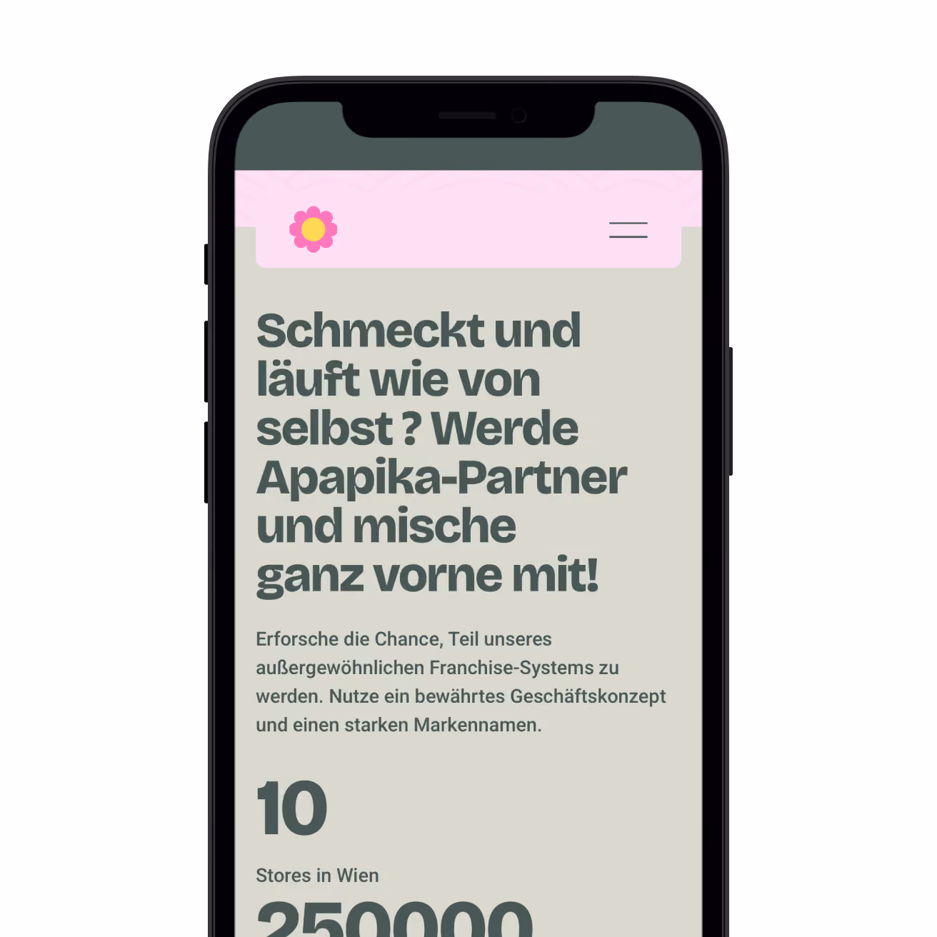 Smartphone mit deutscher Apapika-Werbung: „Schmeckt und läuft wie von selbst?“; grüne und rosafarbene Gestaltung, Einladung zur Partnerschaft.