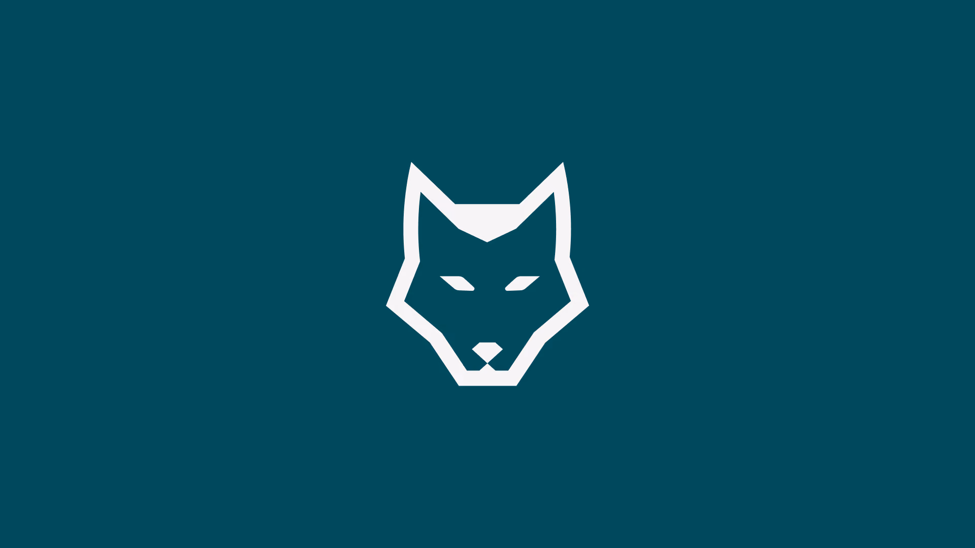 Minimalistisches, geometrisches Logo eines Wolfskopfes in Weiß, zentriert auf einem einfarbigen, dunkel-petrolfarbenen Hintergrund; es vermittelt eine elegante, moderne, markante und selbstbewusste Ausstrahlung.