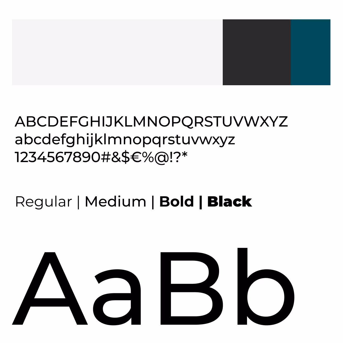 Ein klares, modernes Typografie-Musterblatt mit Farbfeldern in Hellgrau, Schwarz und Blaugrün sowie dem Alphabet in Groß- und Kleinbuchstaben, Symbolen, Schriftstärken und einer großen Darstellung von „AaBb“.