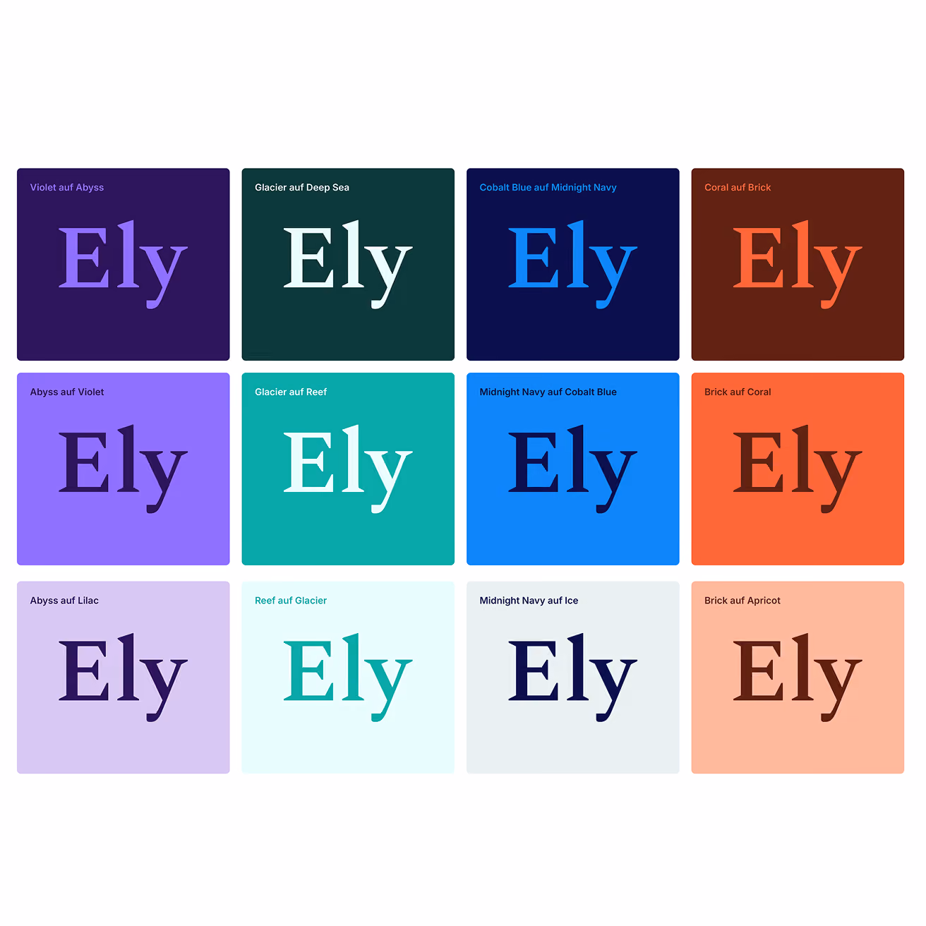 Ein 3x4-Raster einer Farbpalette zeigt den Schriftzug „Ely“ in einer eleganten Serifenschrift, umgeben von dunklen, kräftigen und pastelligen Blau-, Violett-, Türkis- und Korallentönen.