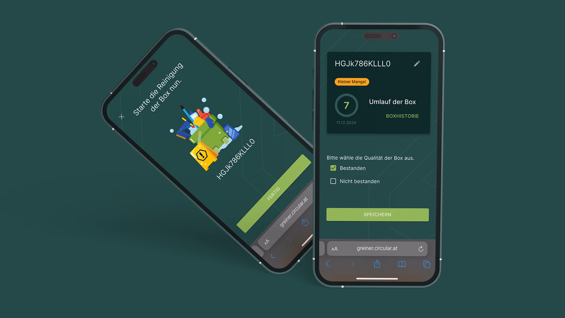 Zwei Smartphones zeigen eine Mystery-Box-App im Dark-Mode-Design mit einer farbenfrohen Geschenkillustration, einem Verifizierungscode und leuchtend grünen Aktionsschaltflächen.