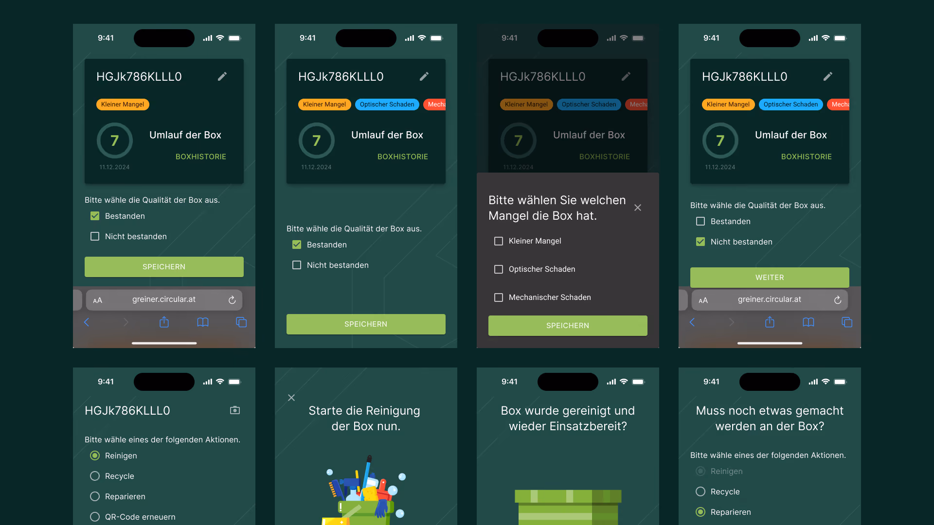 Collage aus acht Smartphone-Screens einer Recycling-App: Box scannen, Füllstand prüfen, Abholung starten und Fragen beantworten; sachlich-anleitend.
