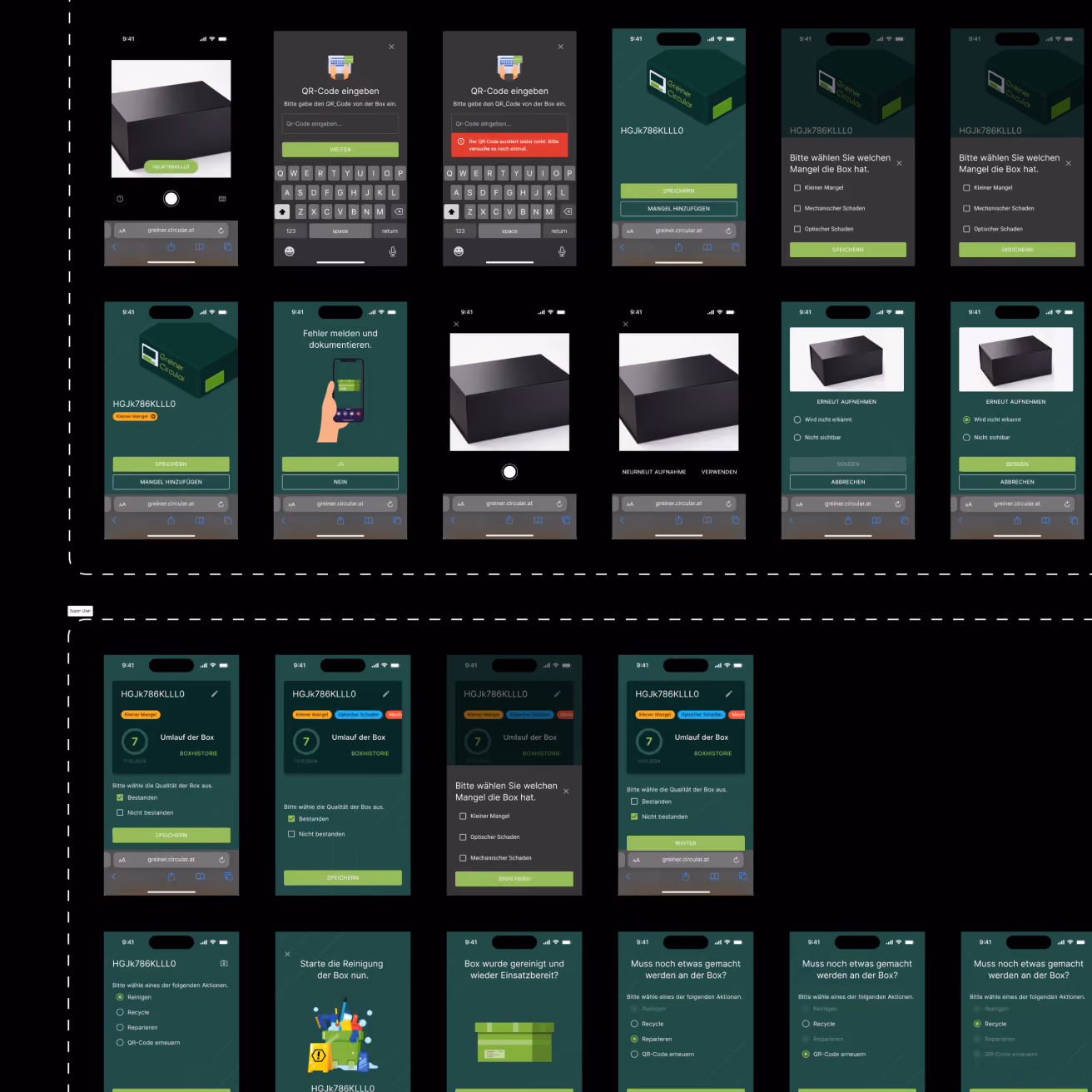 Collage dunkelgrüner Mobile-App-Bildschirme, die eine Produktverpackung, Anmeldeaufforderungen, Umfragen, Checklisten, Belohnungen und Bestätigungsseiten zeigen.