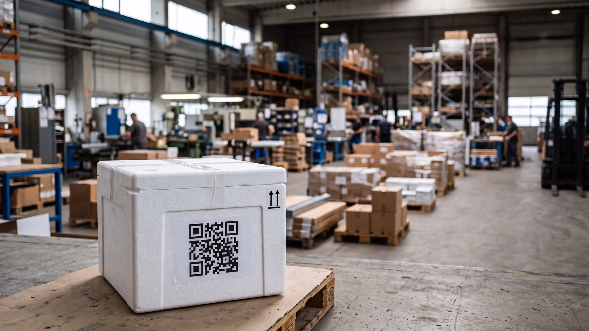 Ein weißer Versandkarton mit QR-Code und Pfeilen, die nach oben zeigen, steht auf einer Palette in einem geschäftigen Lagerhaus; im Hintergrund sind Regale, Mitarbeiter und Pakete zu sehen.