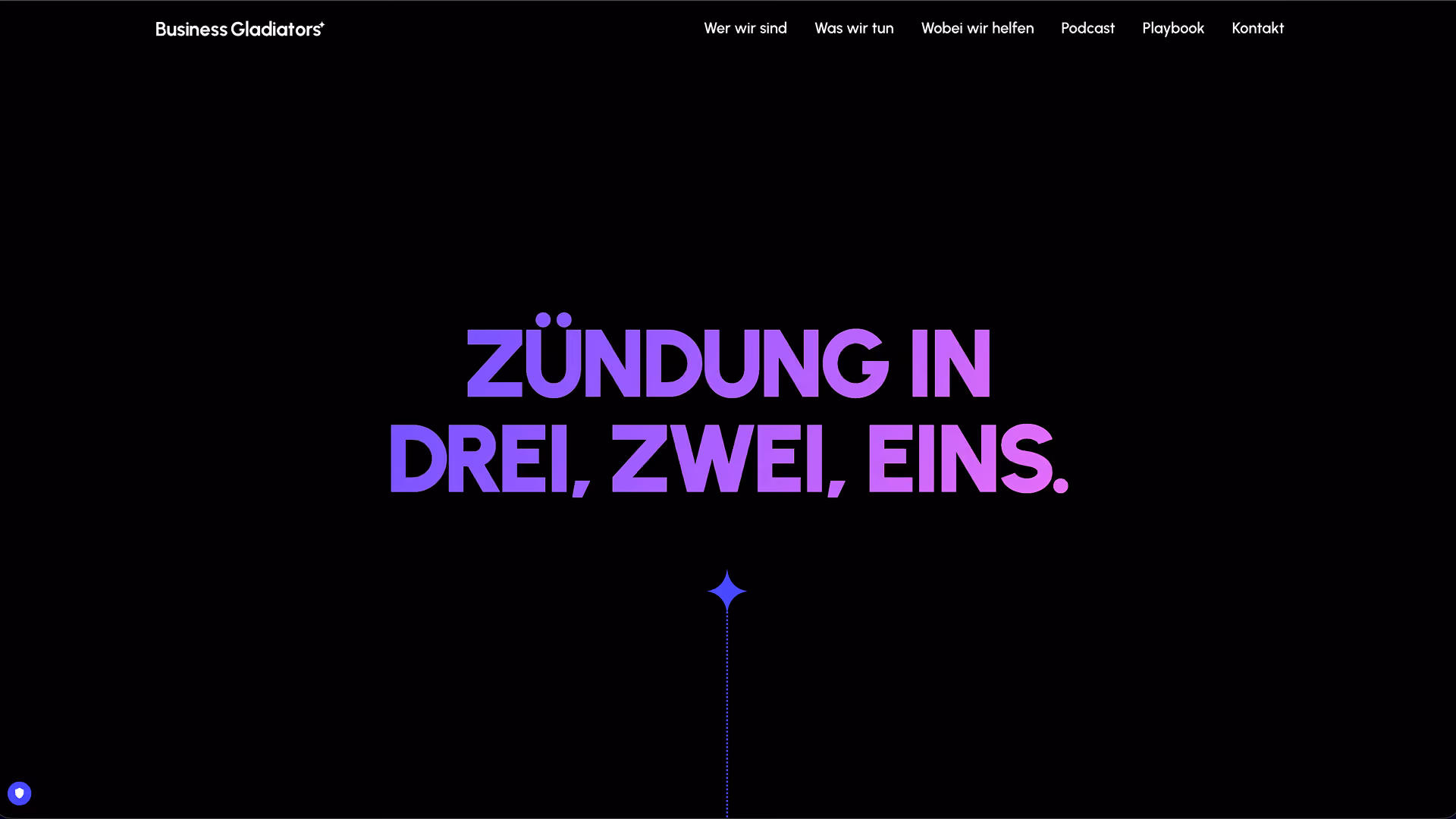 Schwarze Website mit leuchtend violetter Überschrift „ZÜNDUNG IN DREI, ZWEI, EINS.“ und blaues Sternsymbol – futuristisch und energiegeladen.