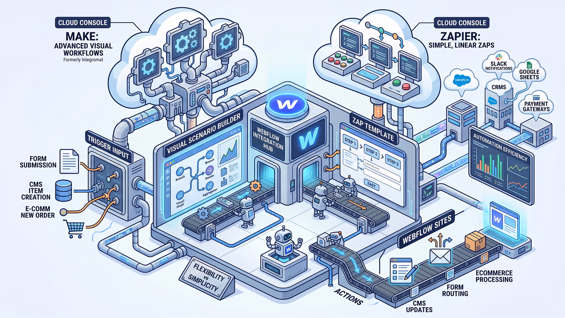 Illustration: Webflow-Integrationen und Automationen mit Make und Zapier
